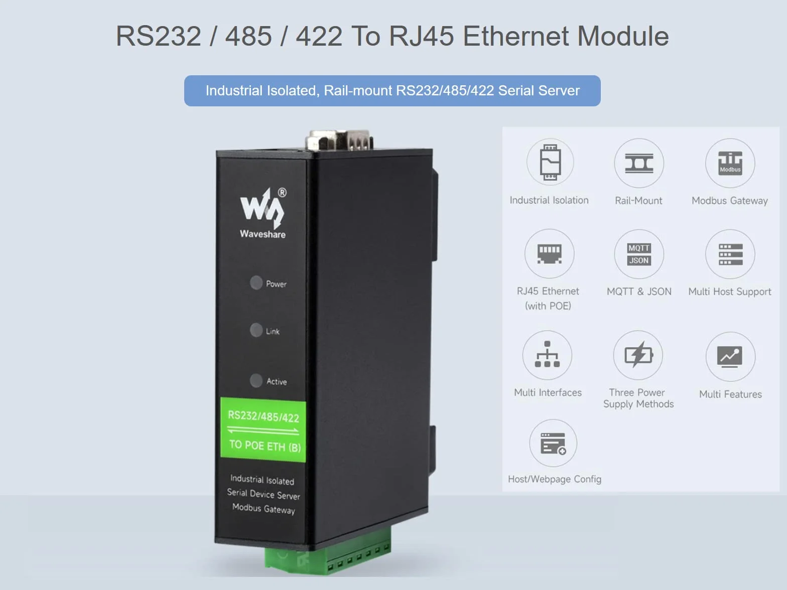 Convertisseur RS232/485/422 vers RJ45 Ethernet Modbus Gateway Serveur Série Industriel Isolé avec POE