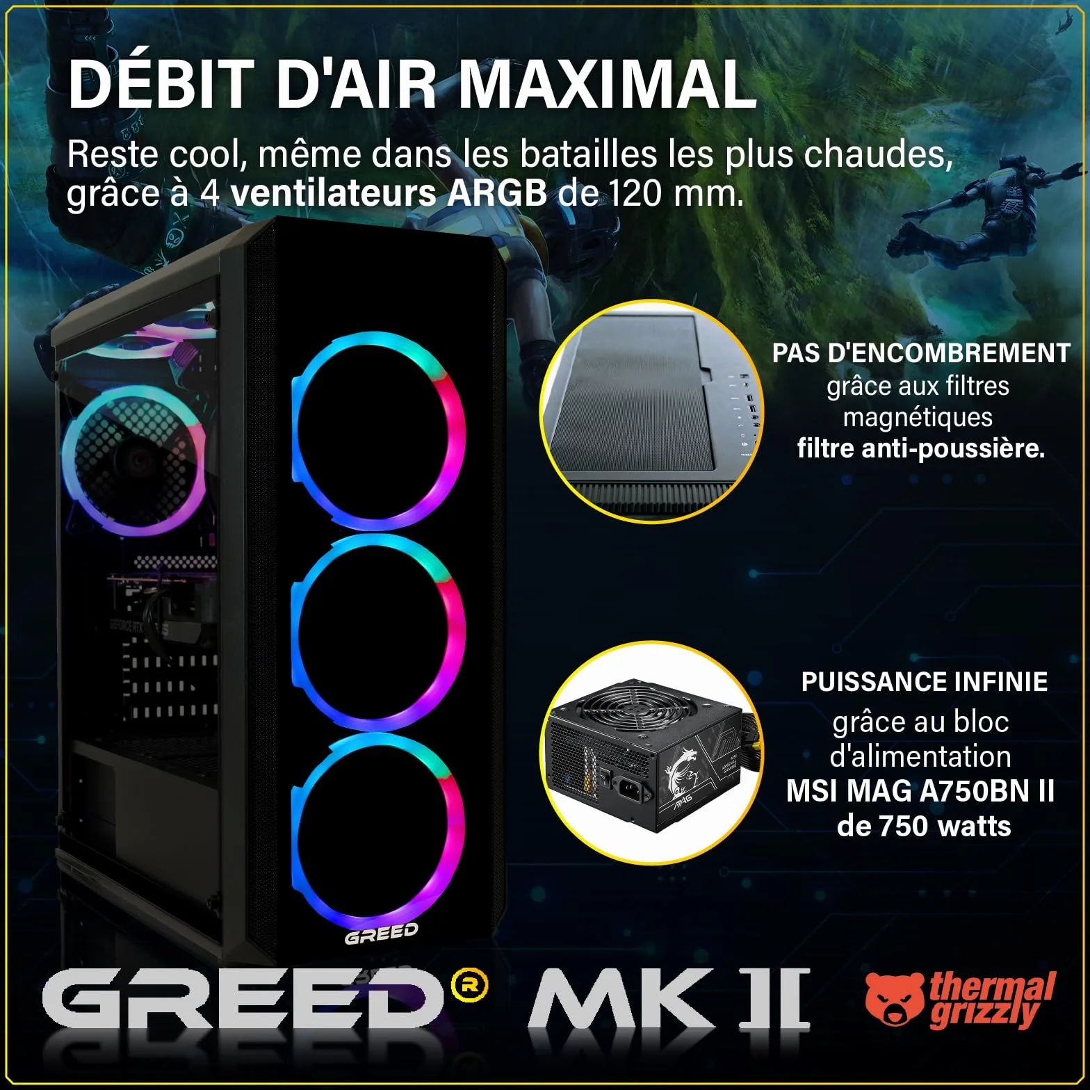 Greed MK2 PC Gamer AMD Ryzen 7 5700X Nvidia Geforce RTX 5060 Ti 8Go 4.6 GHz 32 Go DDR4 RAM 1 TB SSD WLAN W11 Pro