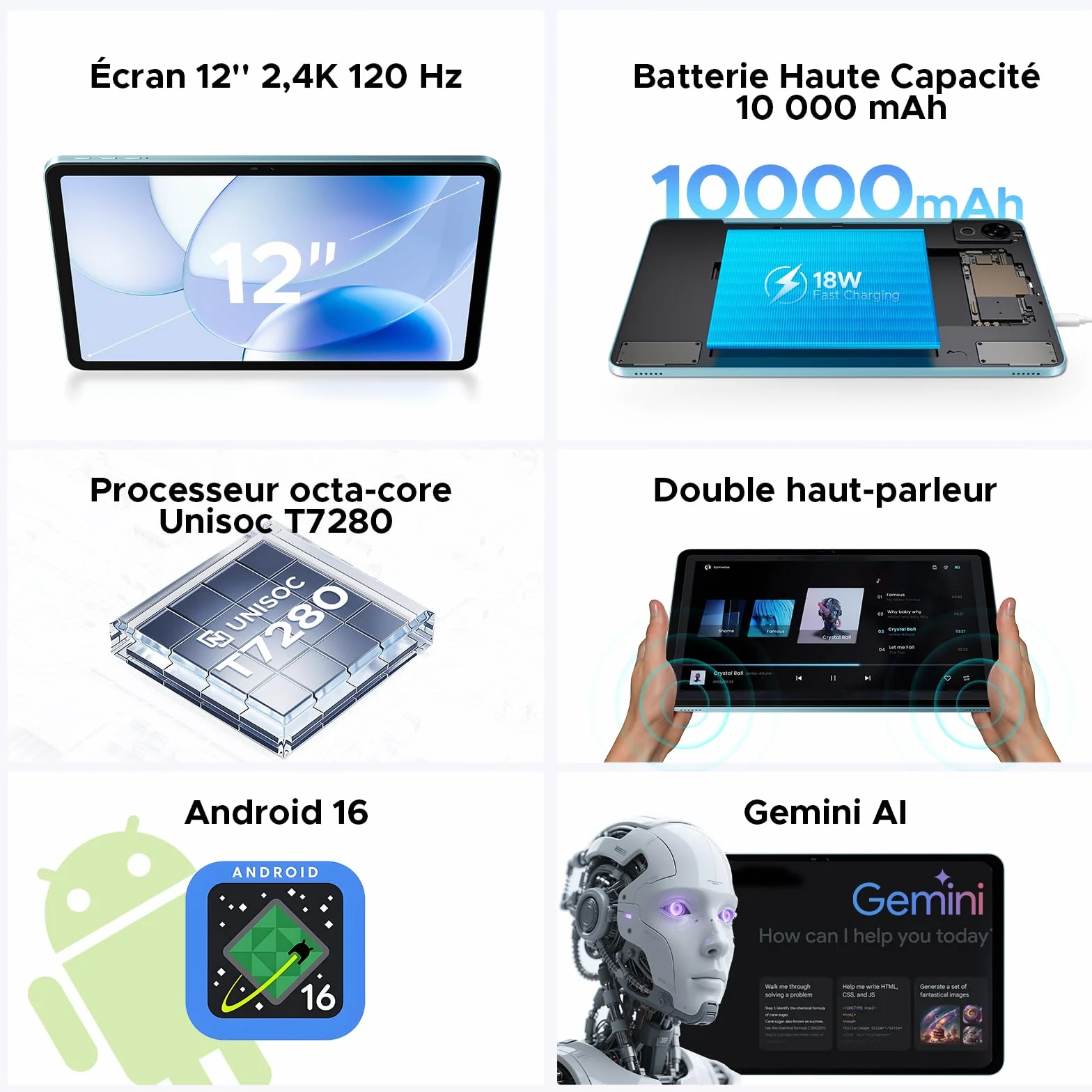 Tablette 12 Pouces Android 16, 48Go RAM+128Go ROM, T7280 Octa-Core, IPS 2.4K 120Hz, 10000mAh, WiFi5, Clavier Inclus