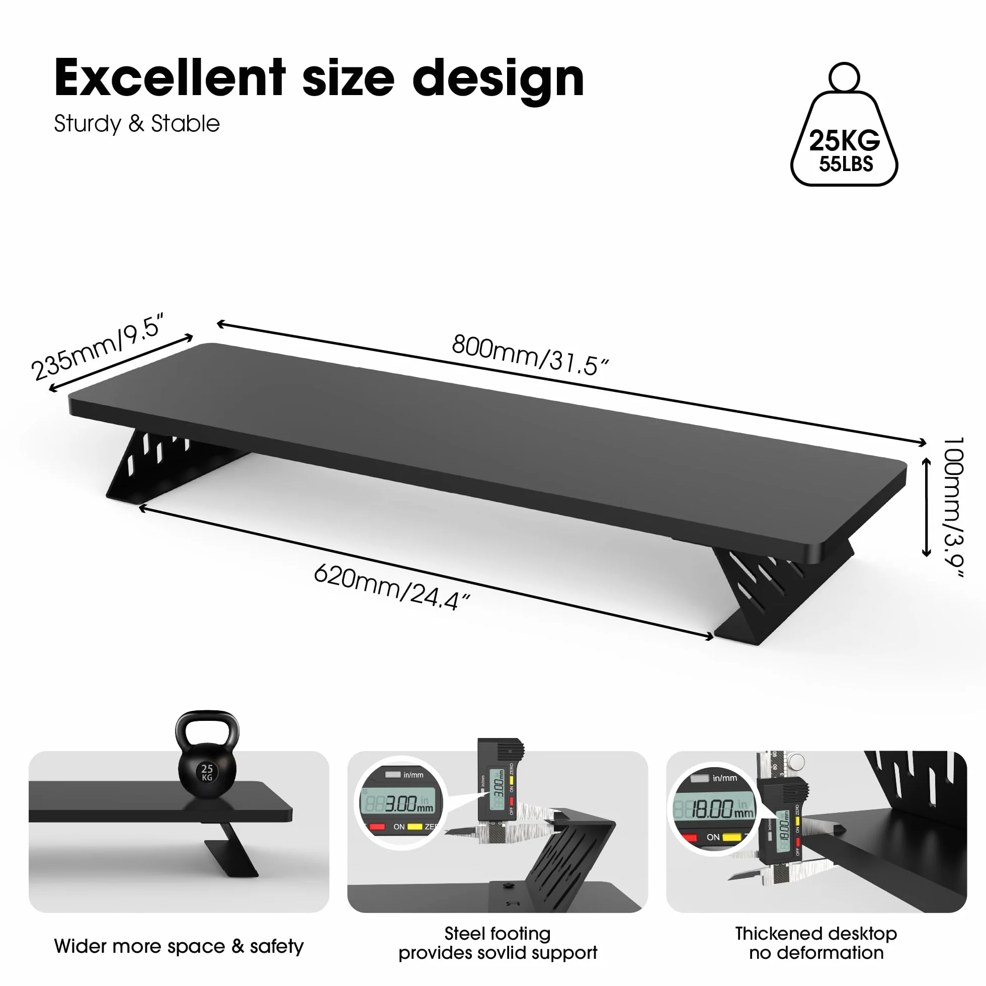 Fenge Réhausseur d'Écran d'Ordinateur, Support de Moniteur Portable, 80×23,5×10cm, Charge 25KG, Noir