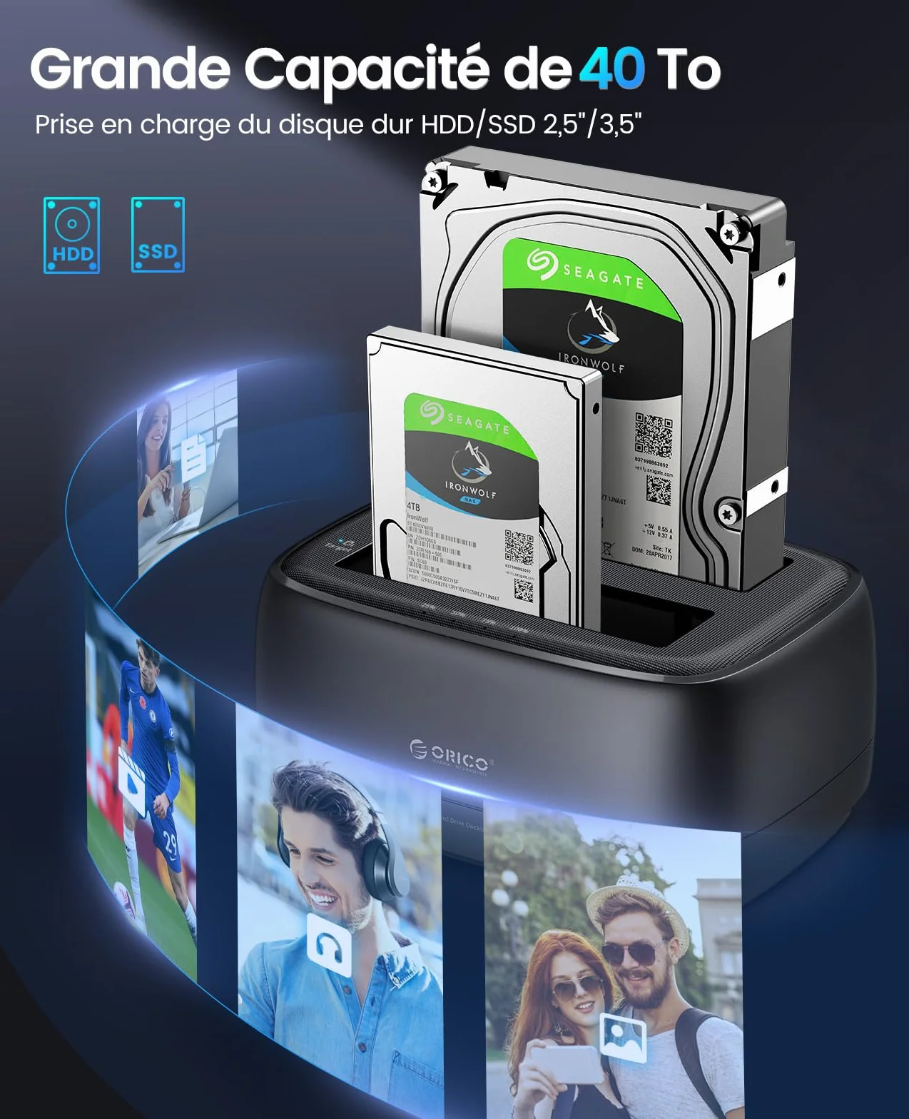 ORICO Station d'accueil USB C 2 Baies Clone Dock Disque Dur SATA 2,5/3,5" SSD HDD 40 To UASP