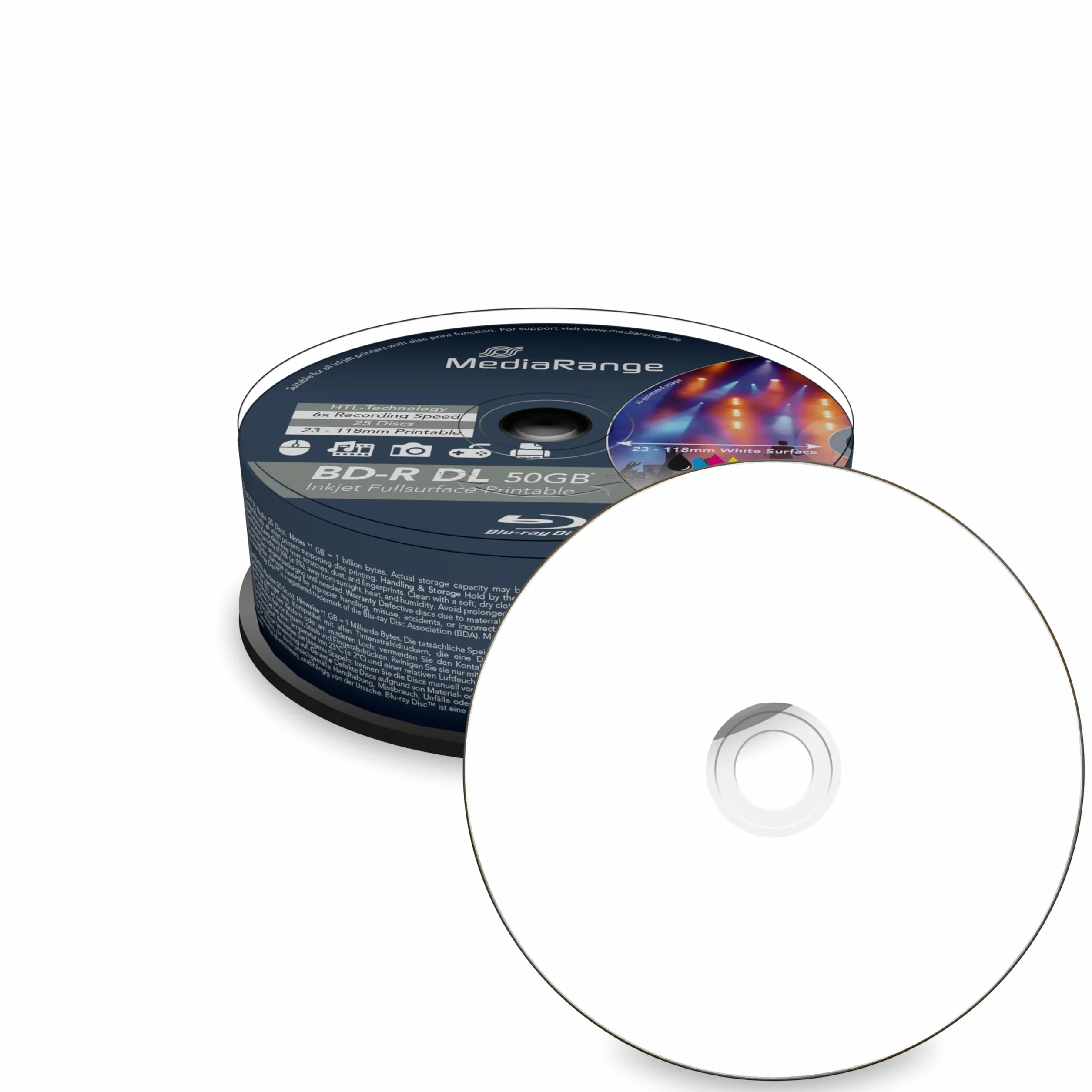 MediaRange BD-R Dual Layer 25 Cakebox 50 Go 6x Vitesse d'écriture Imprimable