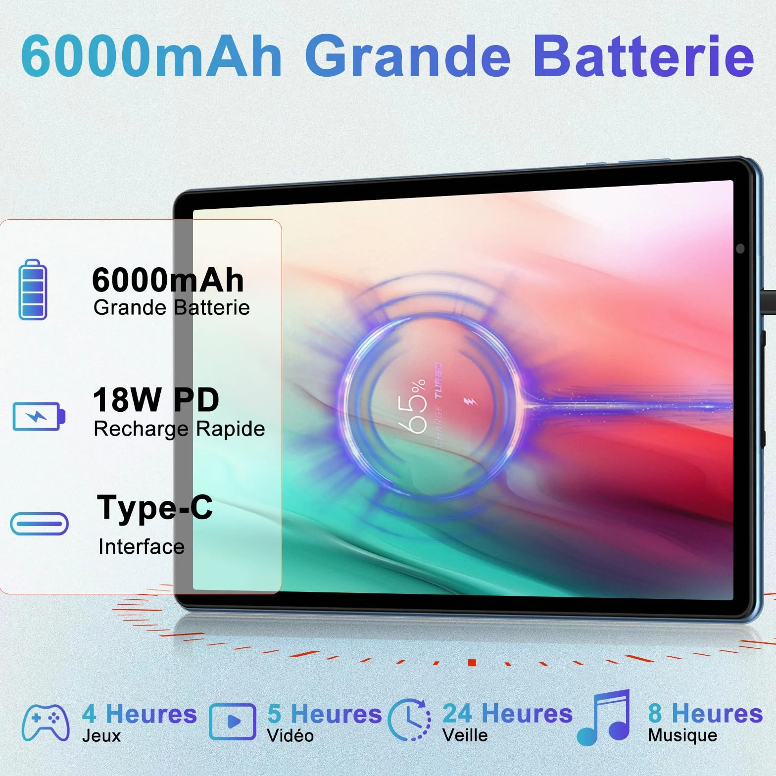 Tablette 10 Pouces Android 20Go RAM 128Go ROM Octa-Core 5G WiFi 6 Widevine L1 GMS GPS BT 5.0 6000mAh - Bleu