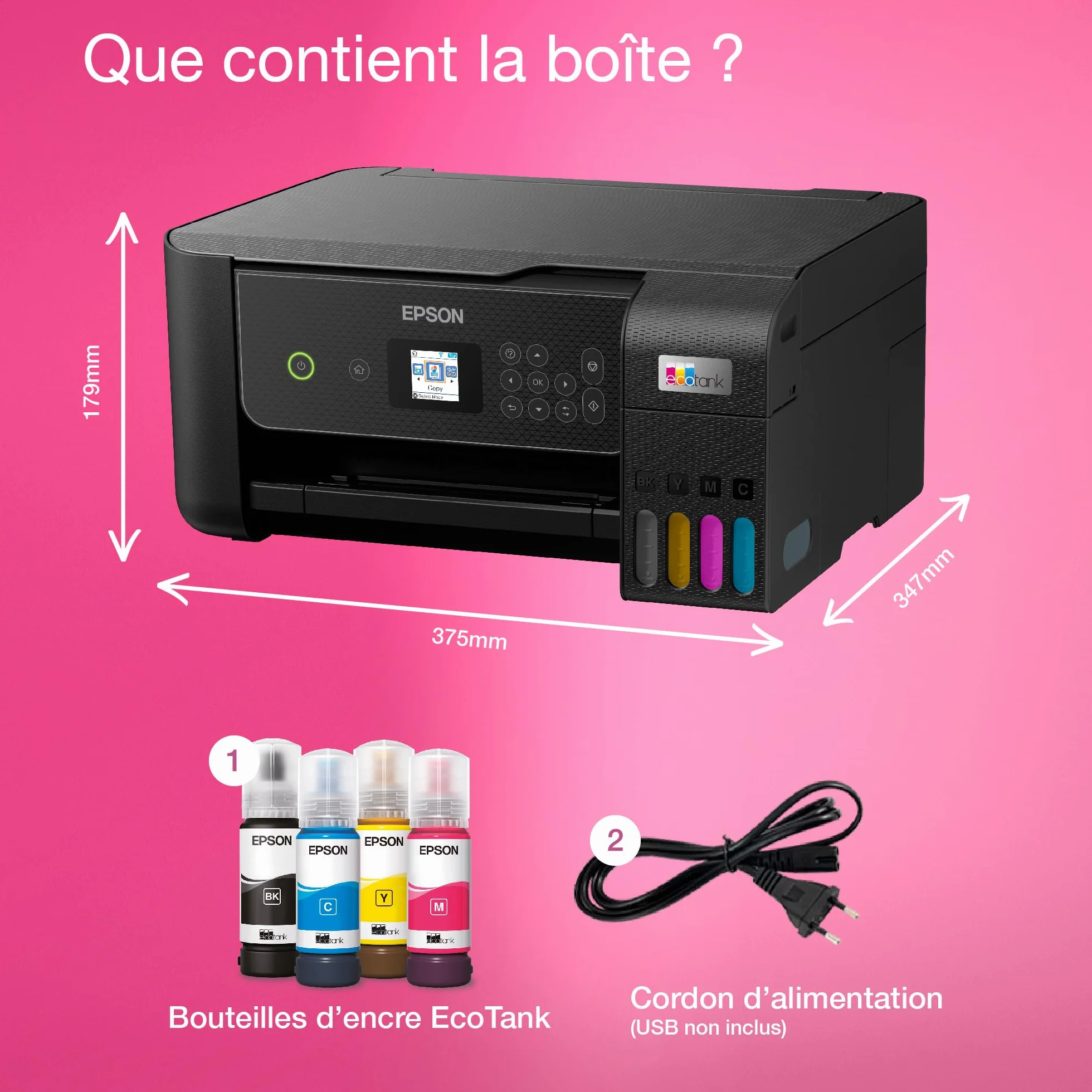 Epson EcoTank ET-2870 Imprimante Réservoirs Encre A4 Wi-Fi Imprimer Copier Numériser Écran LCD 3,7cm 3 Ans Encre Inclus