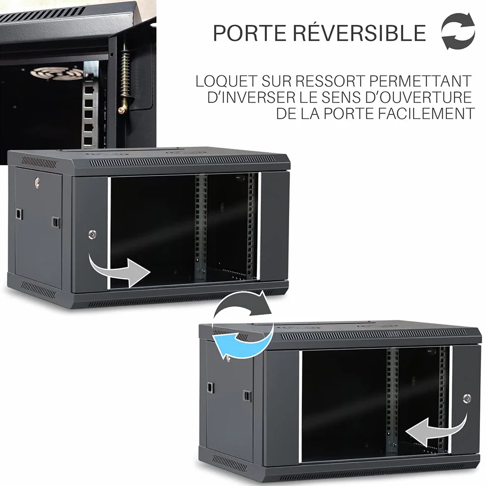 WAYTEX Coffret Armoire Réseau 19 Pouces 6U 600x450x368mm Noir Mural Porte Vitrée Serrure
