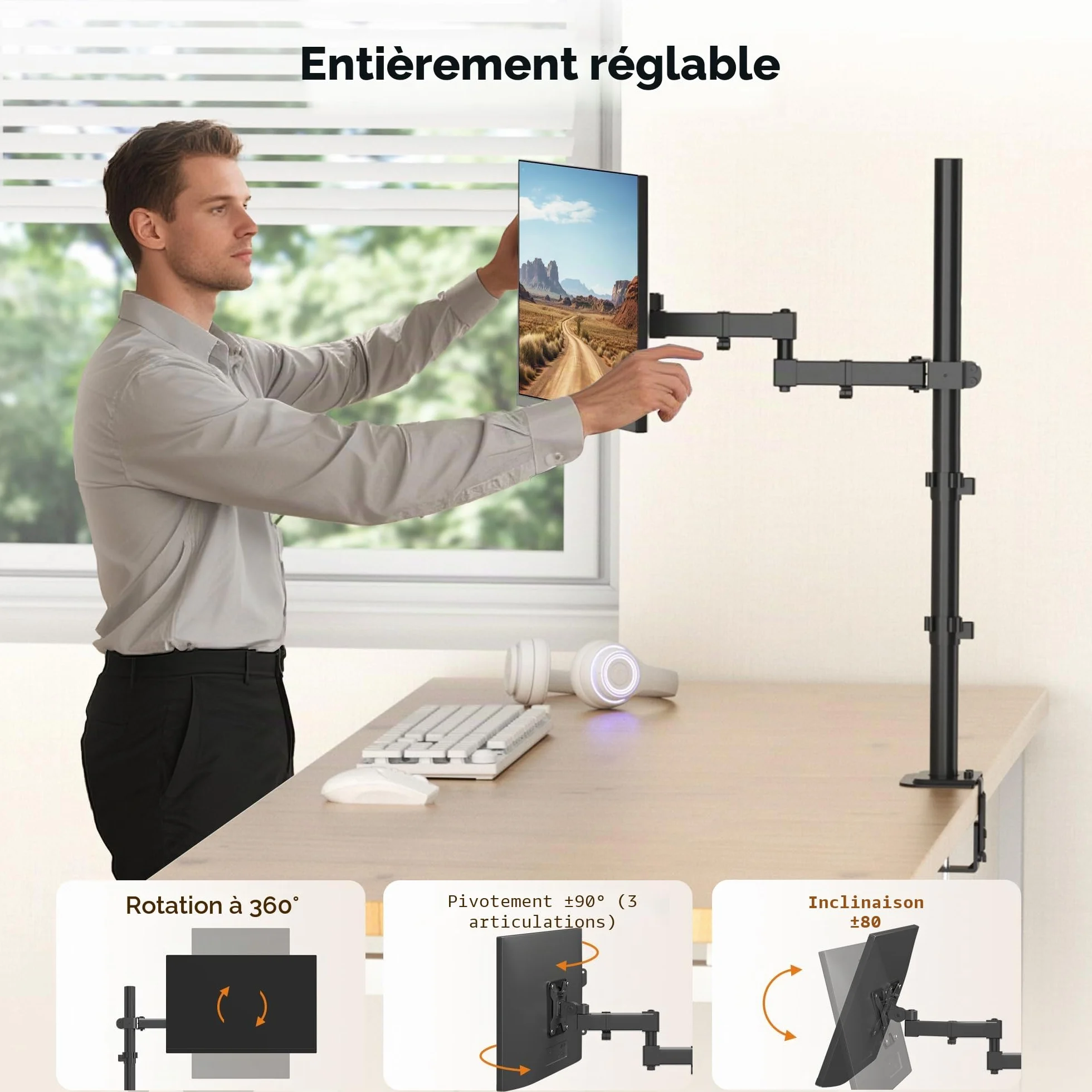 Bras Écran PC Bracwiser pour Moniteurs 13-32 Pouces, VESA 75/100 mm, Réglable en Hauteur 80cm, Rotation 360°, Pivotement 90°, Charge Max 10 kg
