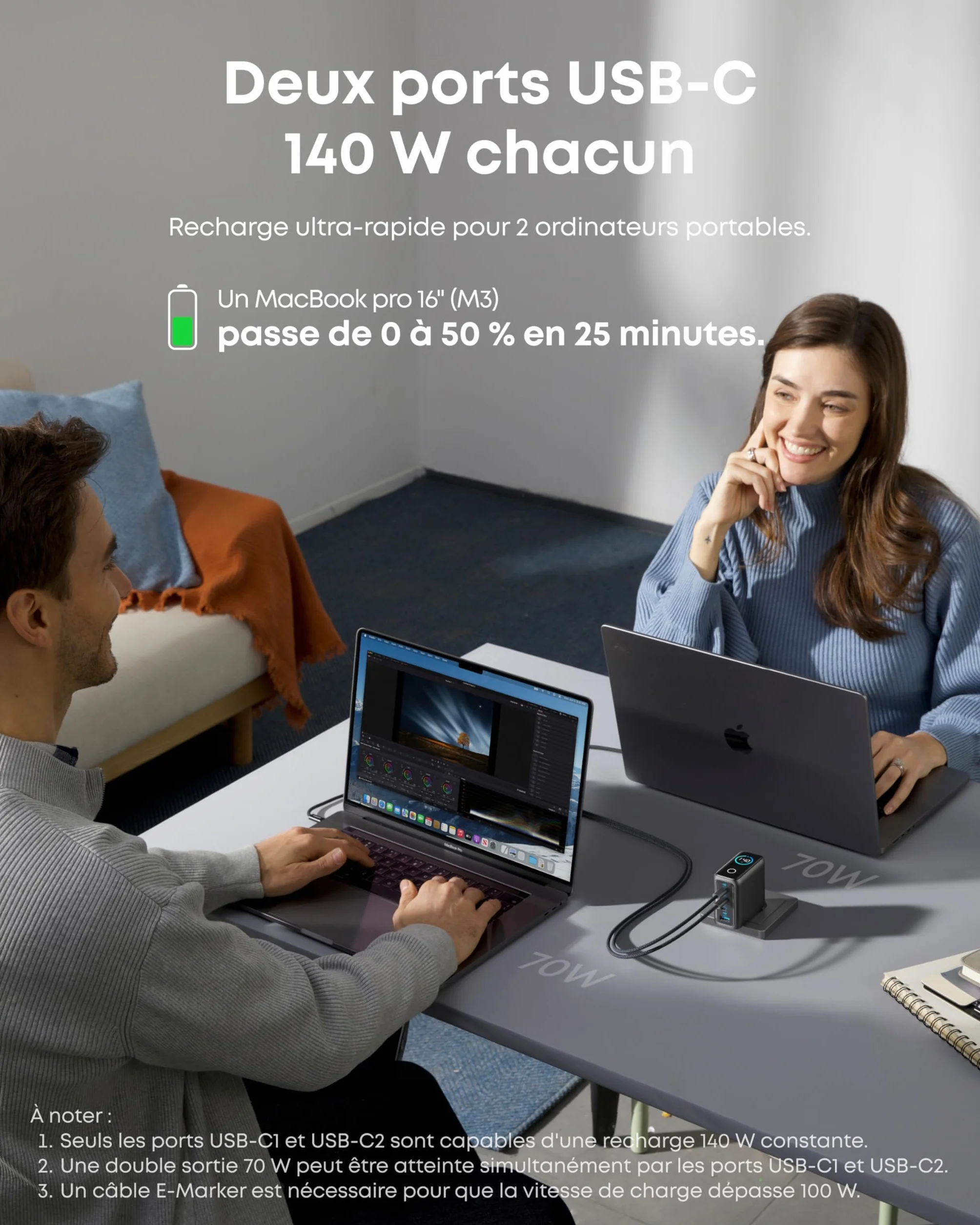 Anker Chargeur USB C 140W GaN, Adaptateur Ordinateur 4 Ports Rapide Compact, iPhone 16/17, Samsung, MacBook Air/Pro, Pixel