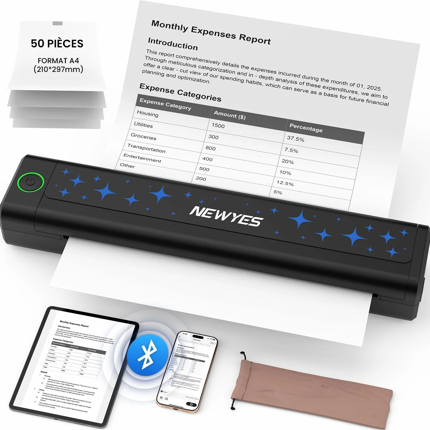 NEWYES Imprimante Thermique Portable sans Fil sans Encre pour Affaires Voyage Maison Éducation