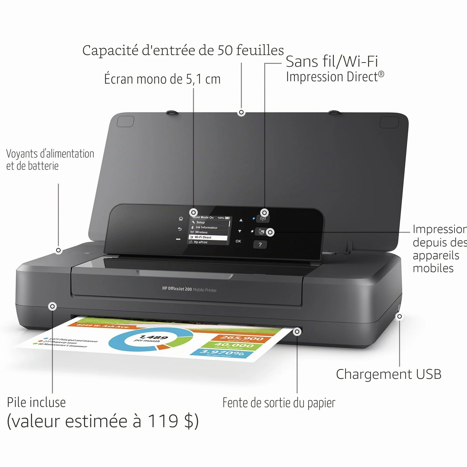 HP OfficeJet 200 Mobile Imprimante d'Encre A4 WiFi Noir 4800 x 1200 dpi