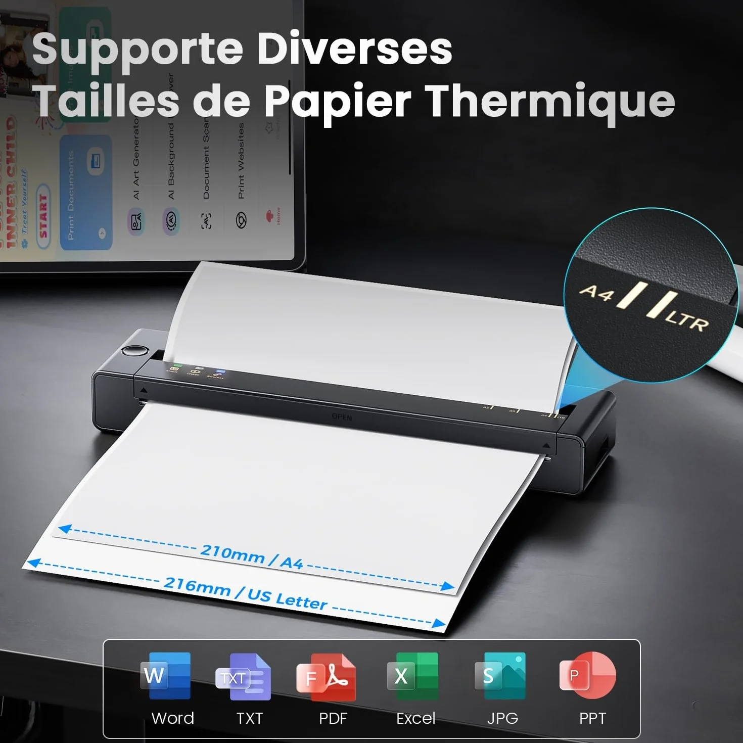 TATTMUSE Imprimante Thermique A4 Portable 585g 300 DPI Batterie 1500mAh