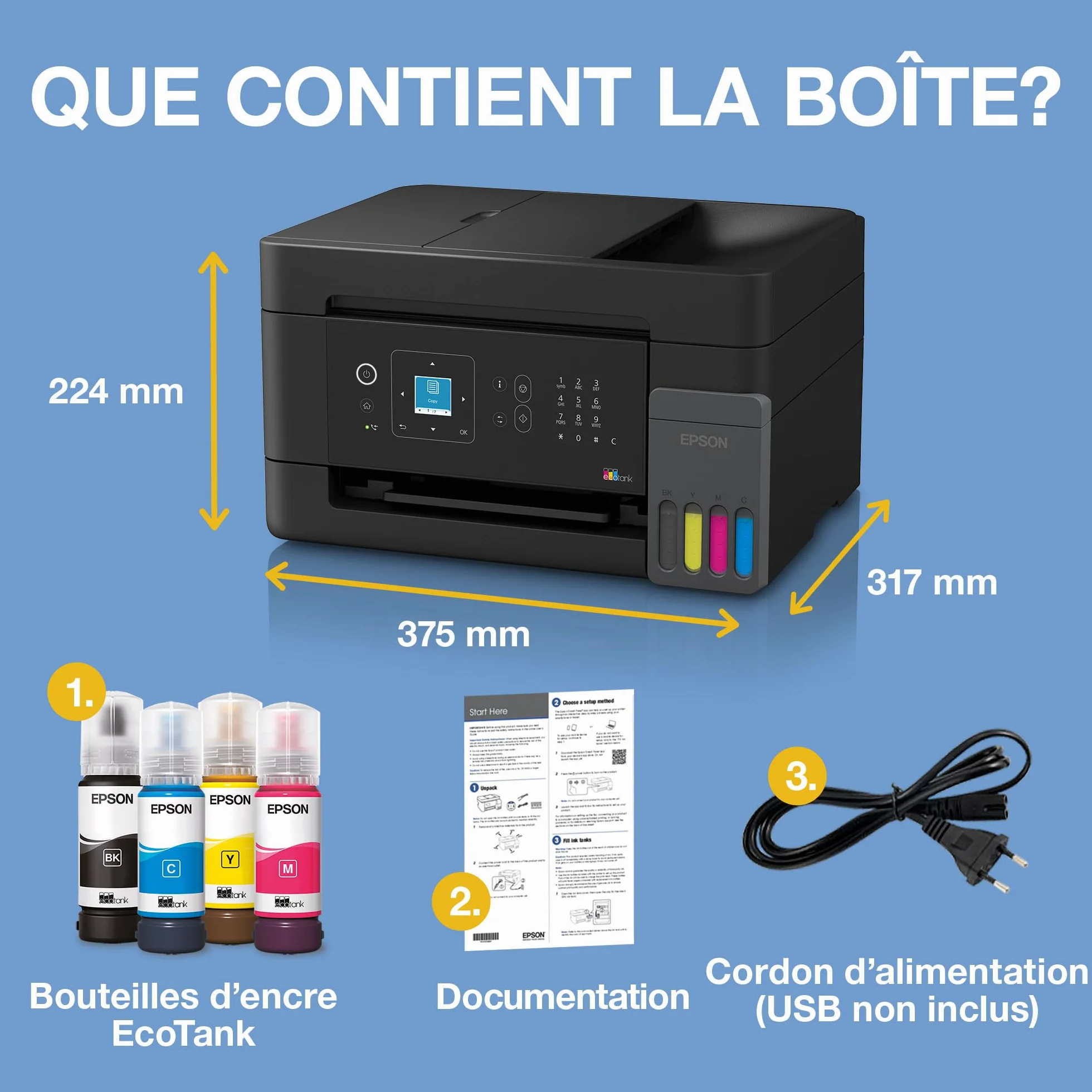 Epson EcoTank ET-4900 Imprimante A4 Wi-Fi Ethernet Copie Numérisation Fax Écran LCD Chargeur Automatique 30 Pages