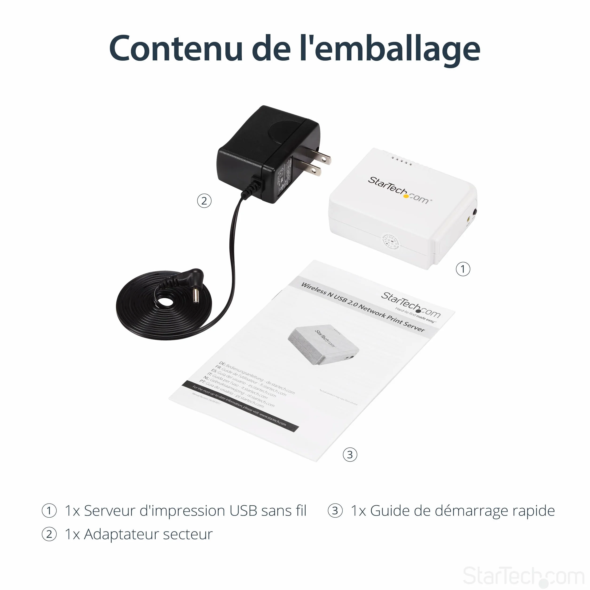 StarTech.com Serveur d'impression USB 2.0 sans fil N Ethernet 10/100 802.11 b/g/n 150 Mb/s Blanc PM1115UWEU
