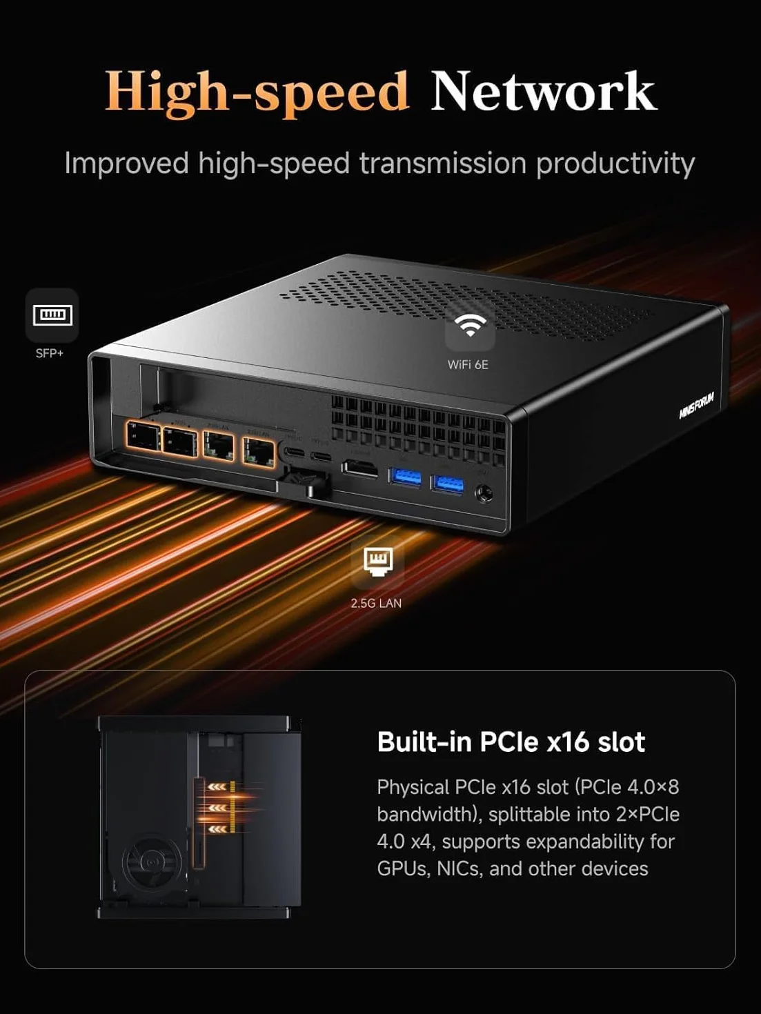 MINIS FORUM MS-A2 Mini PC, AMD Ryzen 9 9955HX, 32 Go DDR5, SSD 1 To, PCIe x16, HDMI, 2× USB-C 8K 60 Hz, 2× SFP+ 10G, 2× LAN 2,5 GbE, 3× SSD M.2