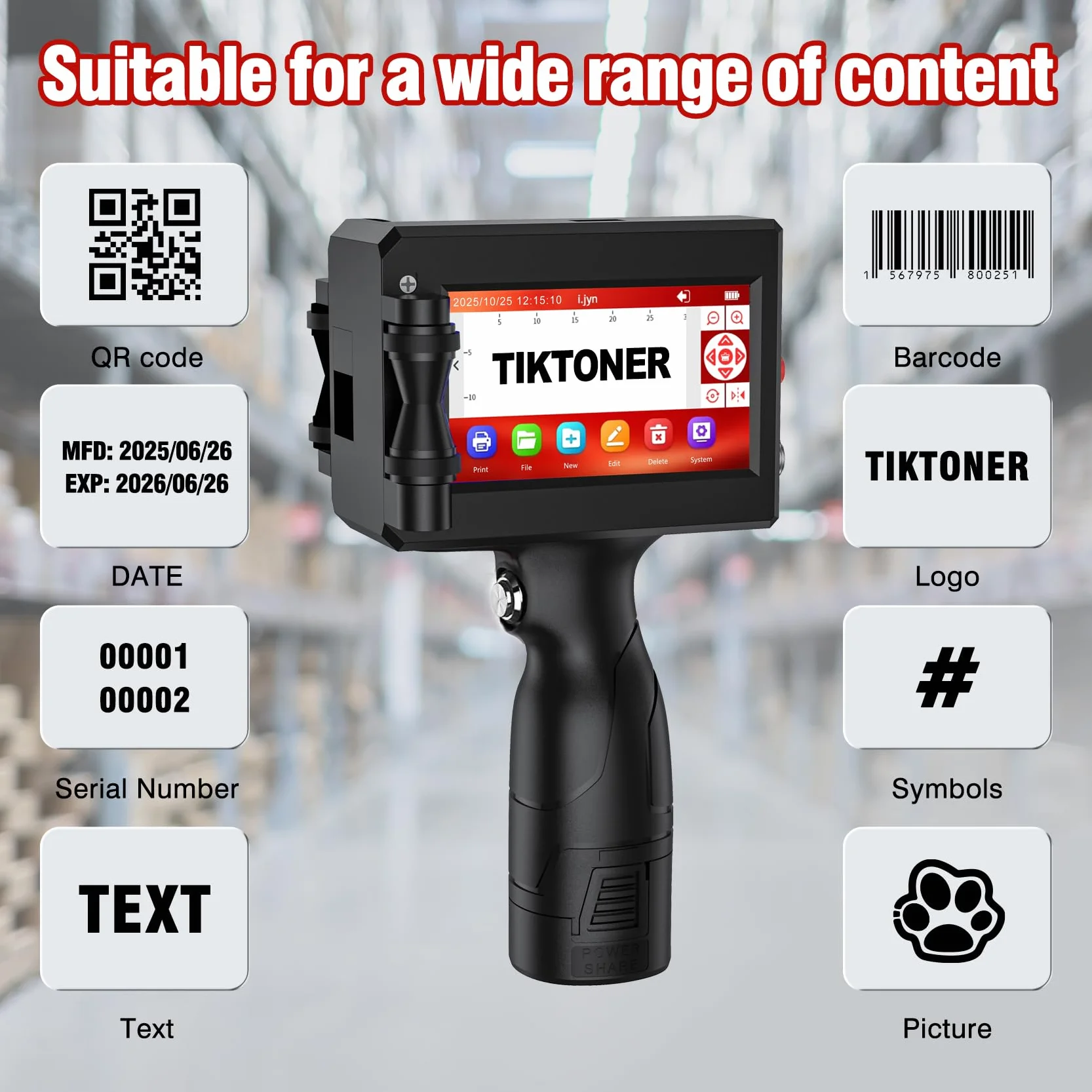 Imprimante à Jet d'encre Portable TIJ2510 avec Cartouche à Séchage Rapide pour Texte Logo Date Code QR Barcode