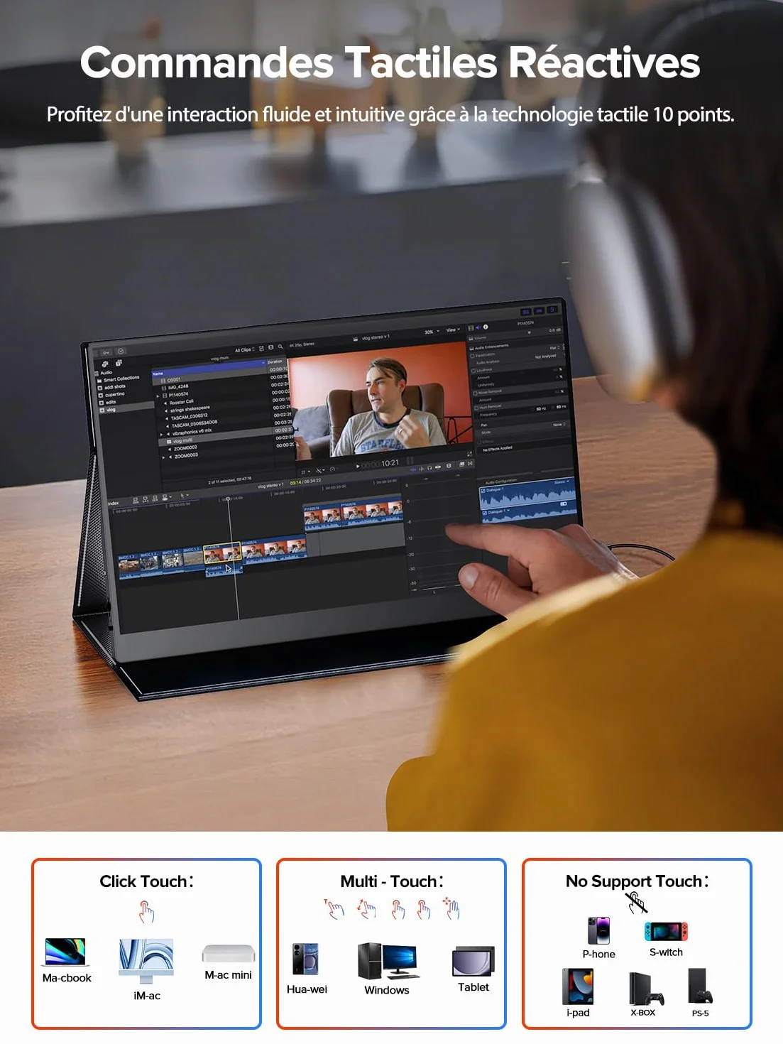 UPERFECT Écran Tactile Portable 15.6" 125% sRGB 2000:1 Contraste 1080P Moniteur Portable avec Étui en Cuir, Double USB C, Compatible VESA