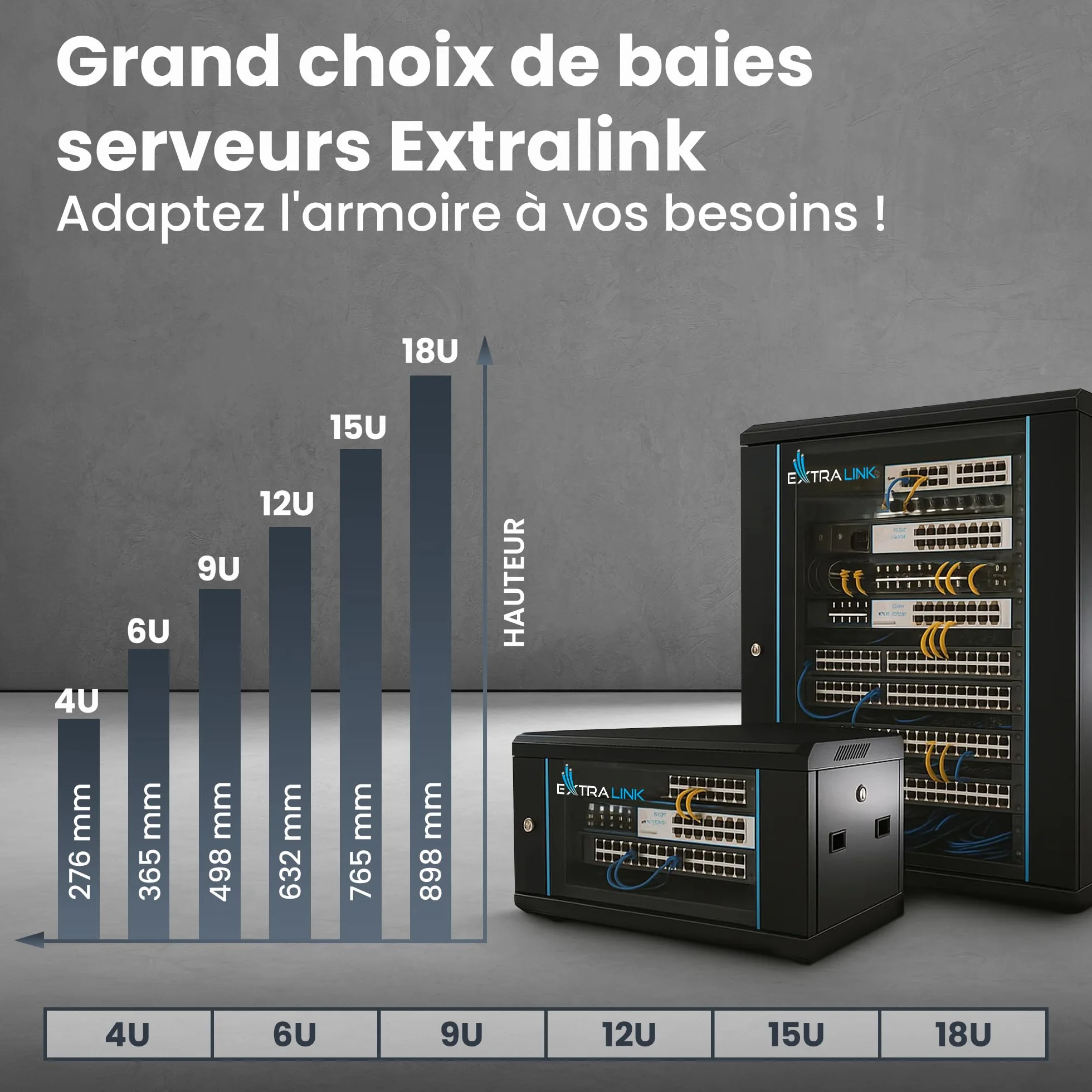 Extralink Baie de Brassage 19 Pouces 6U Armoire réseau 450mm Profondeur Montage Mural ou au Sol, Charge 60kg, Porte Verre trempé, Noir