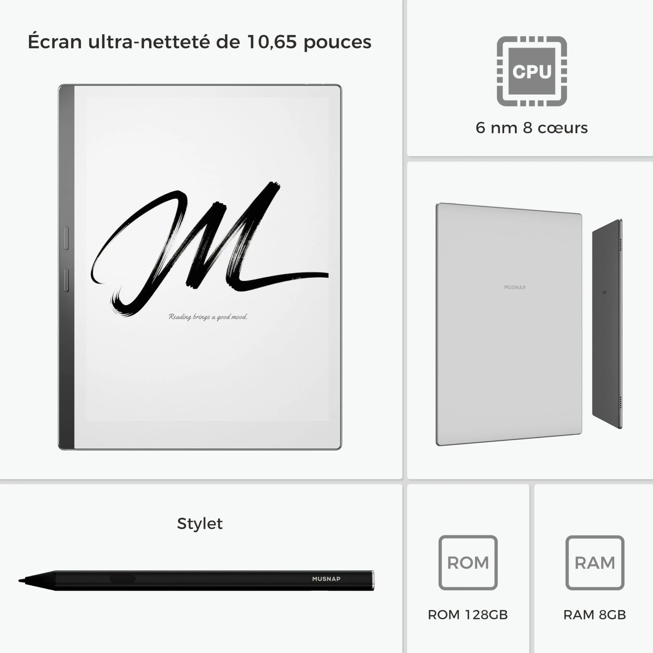 Tablette E Ink 10,65" 8 Go 128 Go Ultra Mince écran Flexible ePaper Notebook Stylet 2 en 1 Lecteur Livres électroniques Longue durée