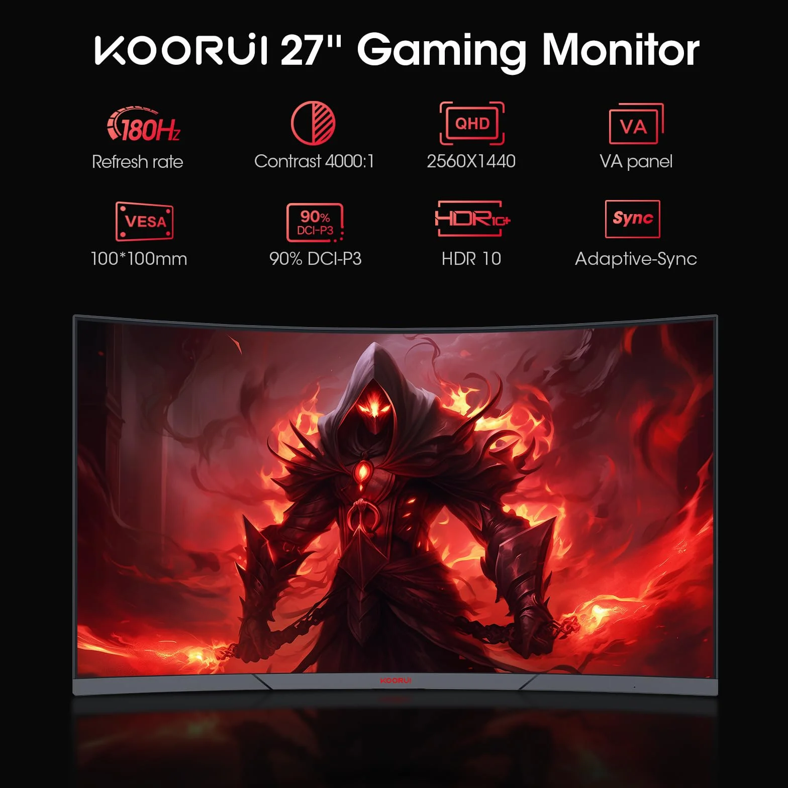 KOORUI 27" Ecran PC Gaming Incurvé 1500R Moniteur Dalle VA QHD 2560X1440 180Hz 1MS DCI-P3 85% HDMI/DP