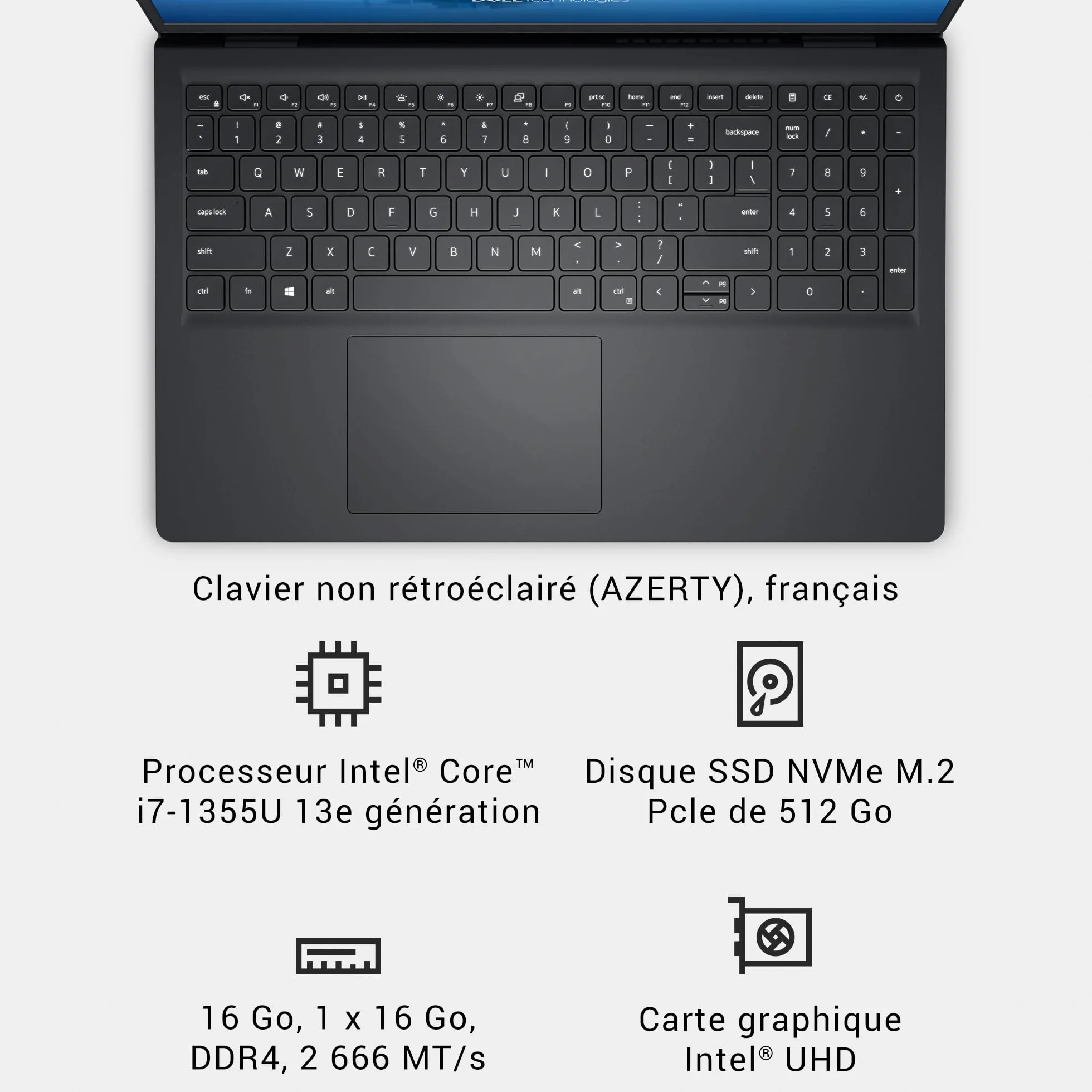 Dell Ordinateur Portable 15 15,6" FHD 120Hz Intel Core i7-1355U 16Go RAM 512Go SSD Windows 11 Home