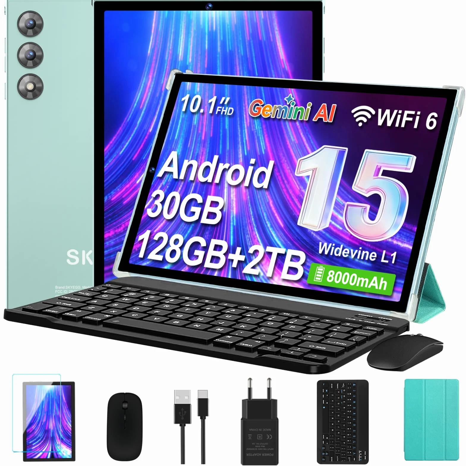Tablette 10 pouces Android 15 Gemini AI 30 Go RAM 128 Go ROM 2 To extension WiFi 6 Widevine L1 octa-core 8000 mAh BT 5.0 Clavier Souris Corps métallique Vert