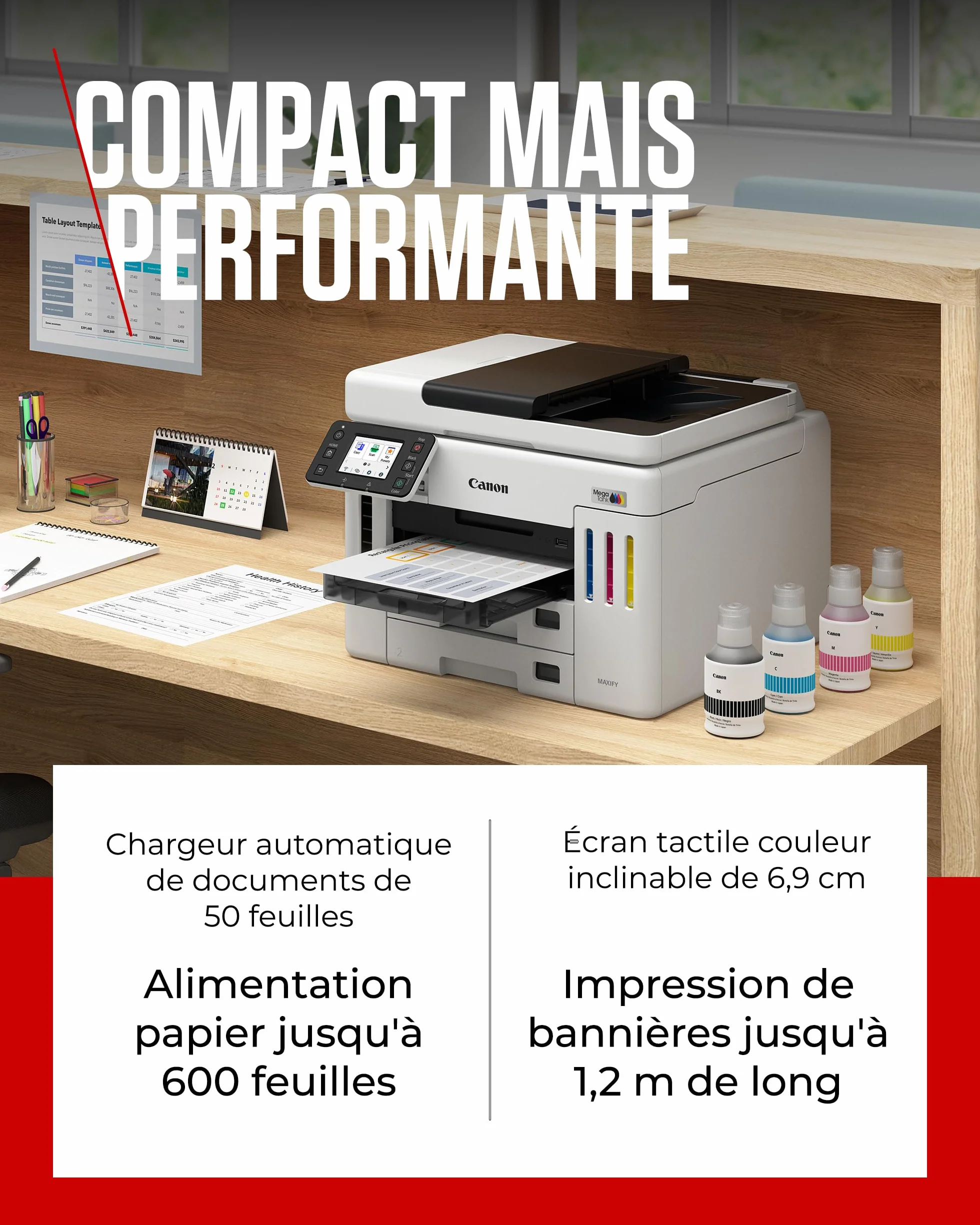 Canon MAXIFY GX7150 Imprimante de Bureau Compacte MegaTank Jet d'encre Couleur sans Fil Tout-en-Un Wi-Fi Ethernet USB