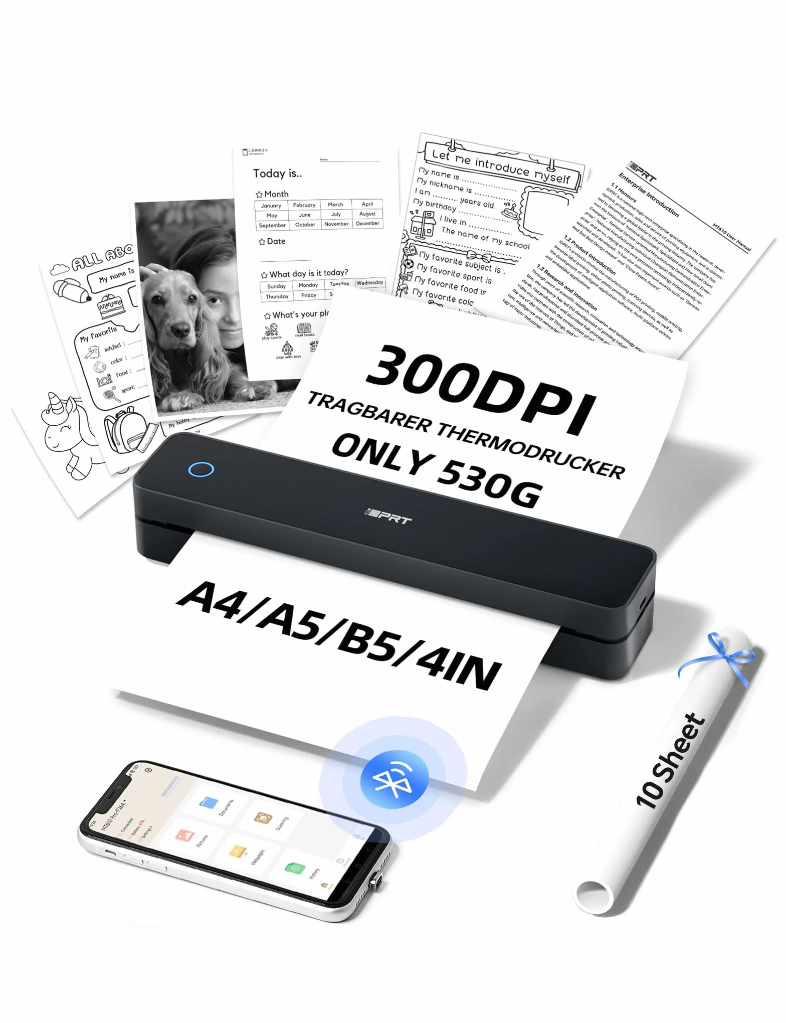 iDPRT MT610pro Imprimante Thermique A4 300DPi Bluetooth Portable Noir