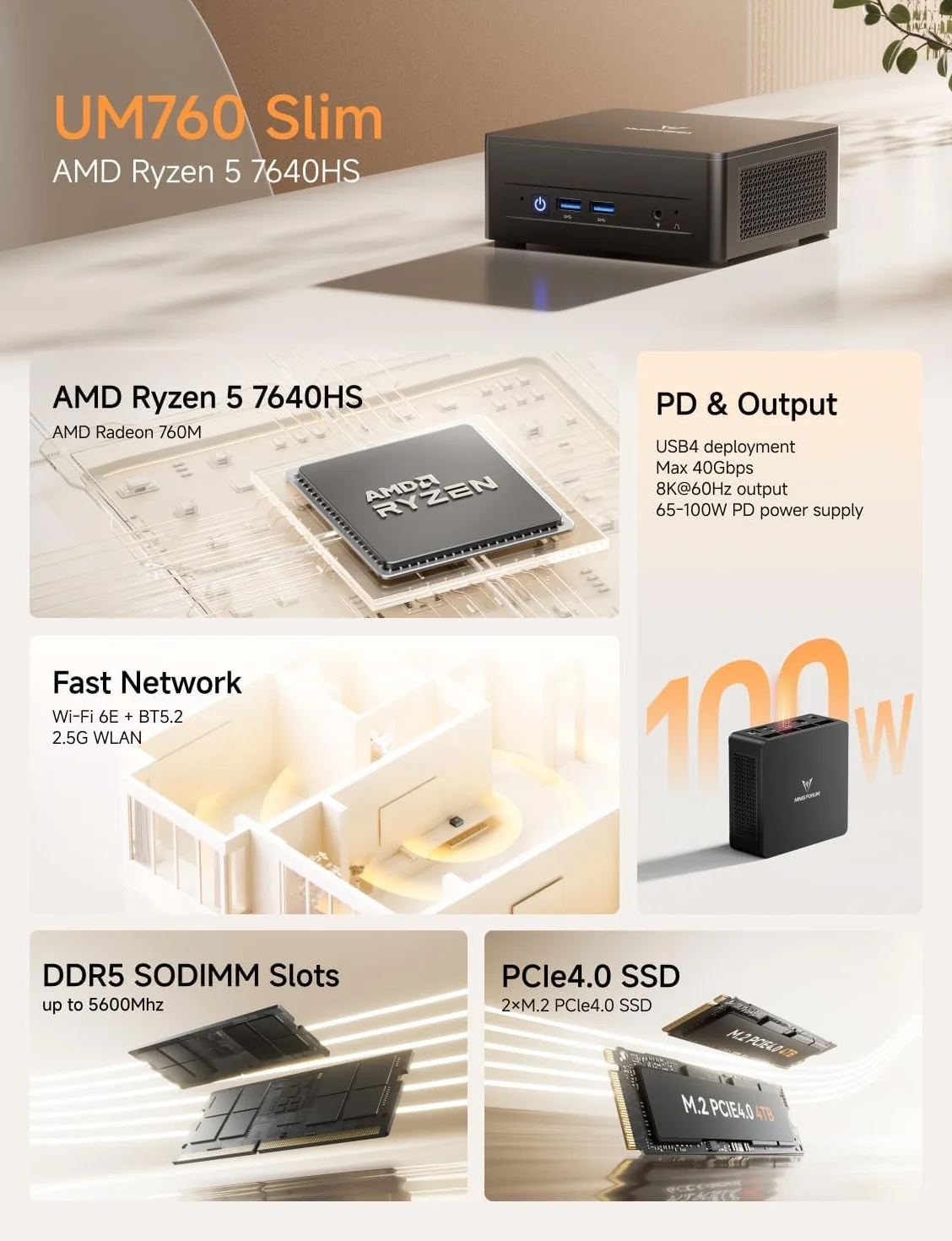 MINIS FORUM UM760 Slim Mini PC AMD Ryzen 5 7640HS 16 Go DDR5 SSD 1 To PCIe 4.0 Wi-Fi 6E Bluetooth 5.2