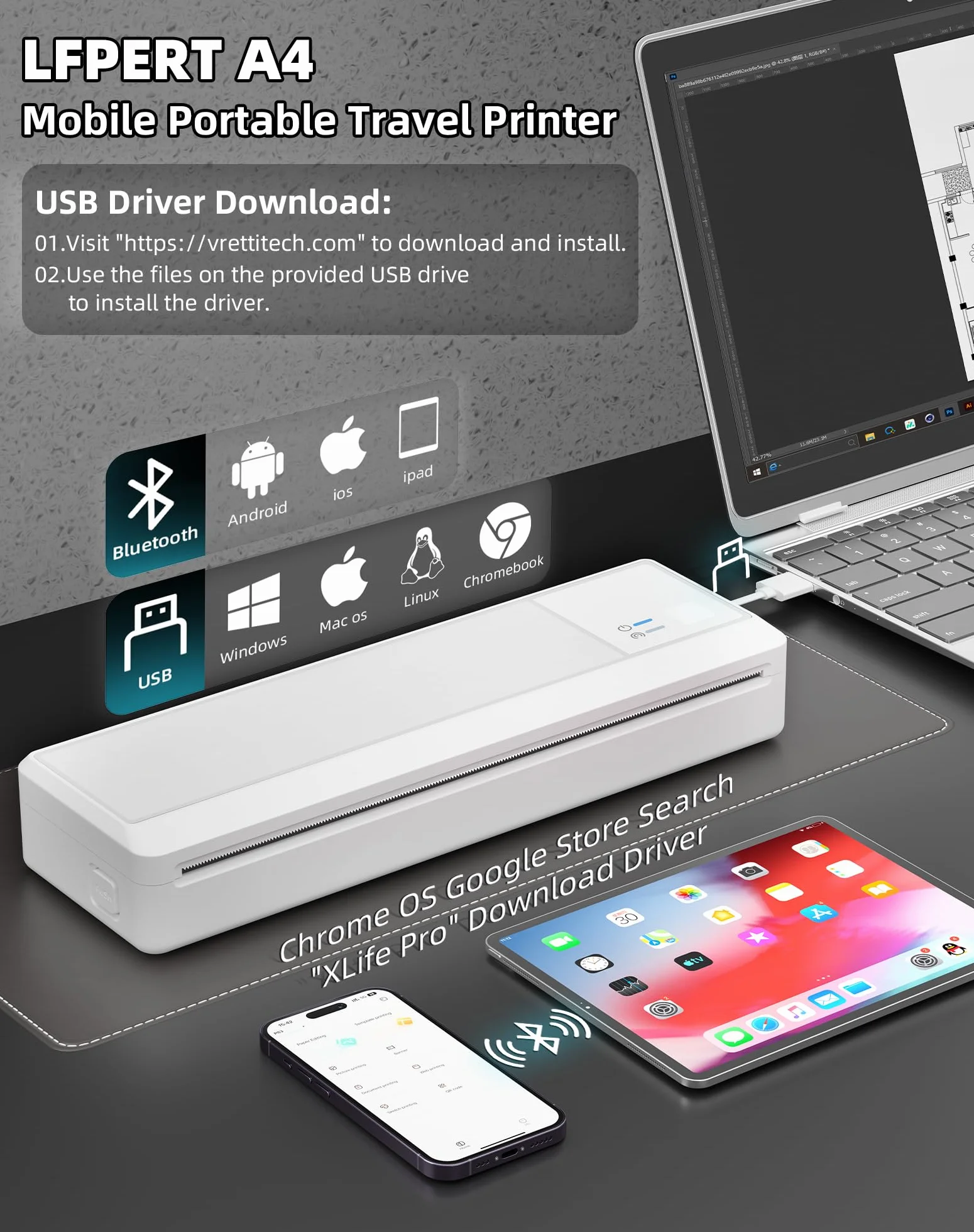 Imprimante Thermique Portable A4 sans Encre Bluetooth 216mm Compatible iOS Android Mac Windows Blanc