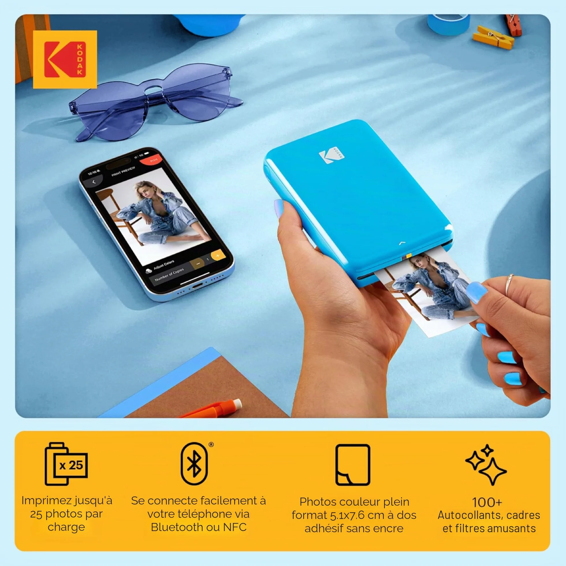 KODAK Step Imprimante photo mobile sans fil Zinc Bleu Pack cadeau 2x3