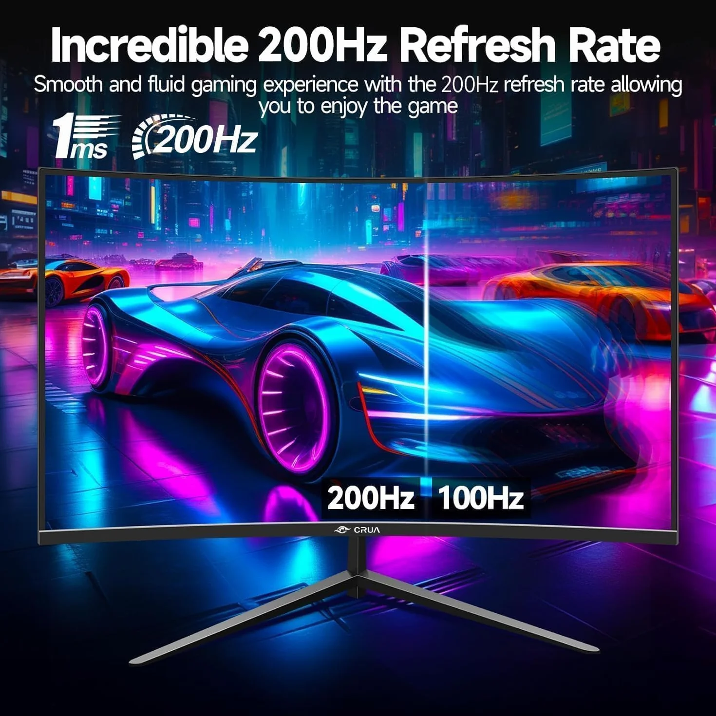 CRUA Gaming incurvé Écran 27 Pouces 200 Hz, FHD 1080P 1800R Moniteur PC, 1 ms GTG avec FreeSync, Faible Flou de Mouvement, Protection des Yeux, VESA, DisplayPort, HDMI,