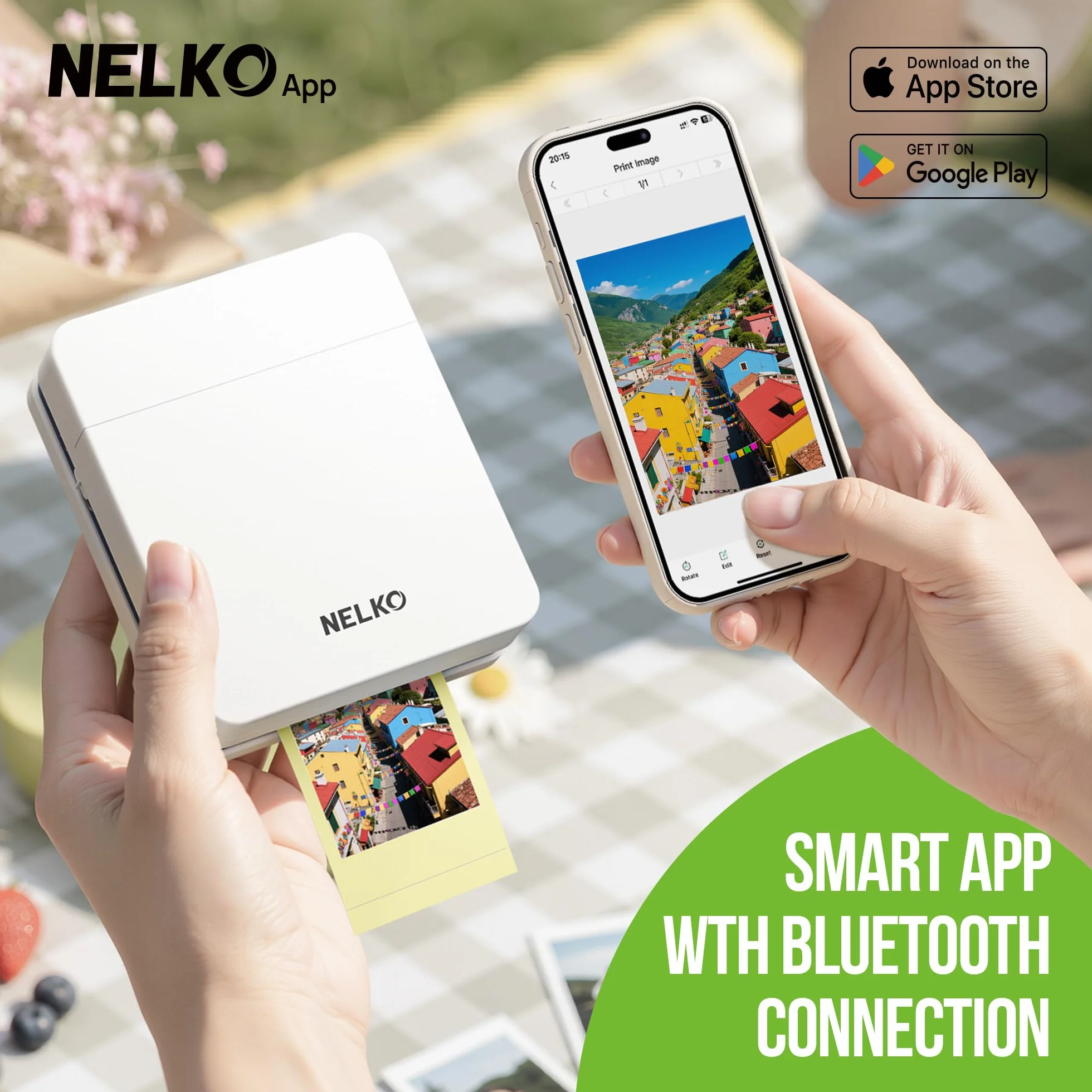Nelko PP01 Imprimante photo portable avec 100 feuilles de papier, cartouche d'encre, impression adhésive pour iOS/Android, mini imprimante de poche