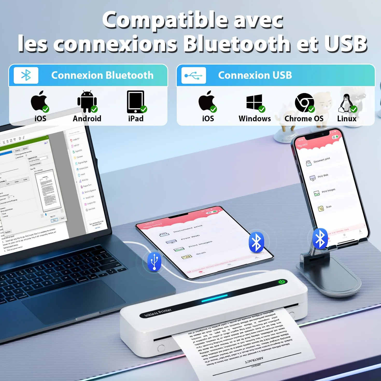 ASprink Imprimante Thermique A4 300DPI Portable sans Encre Compatible Android iOS Blanc