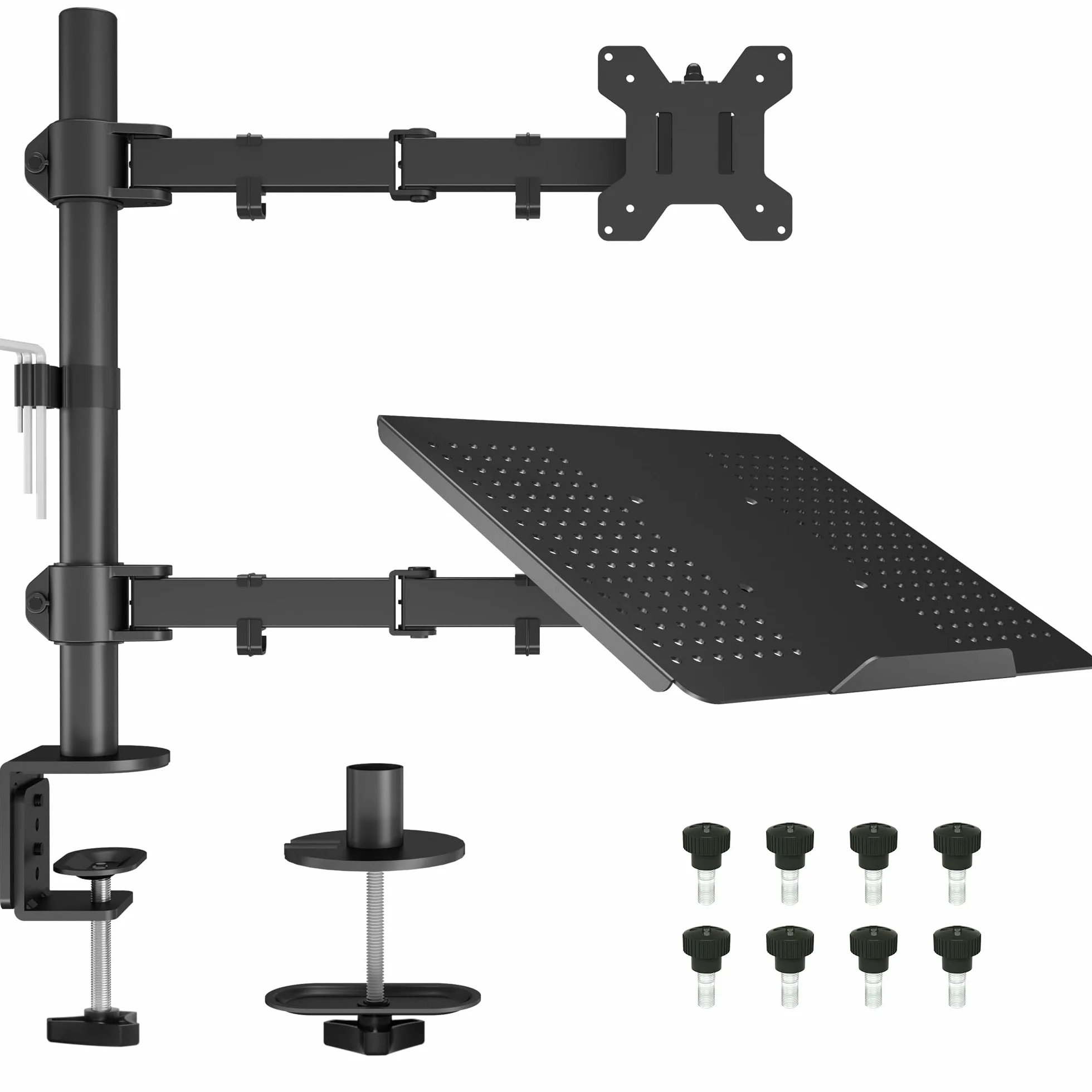 BONTEC Support Ecran PC Moniteur avec Plateau pour Ecran LCD 13-27 Pouces et Ordinateur Portable 17", Ergonomique Pivotant Rotation