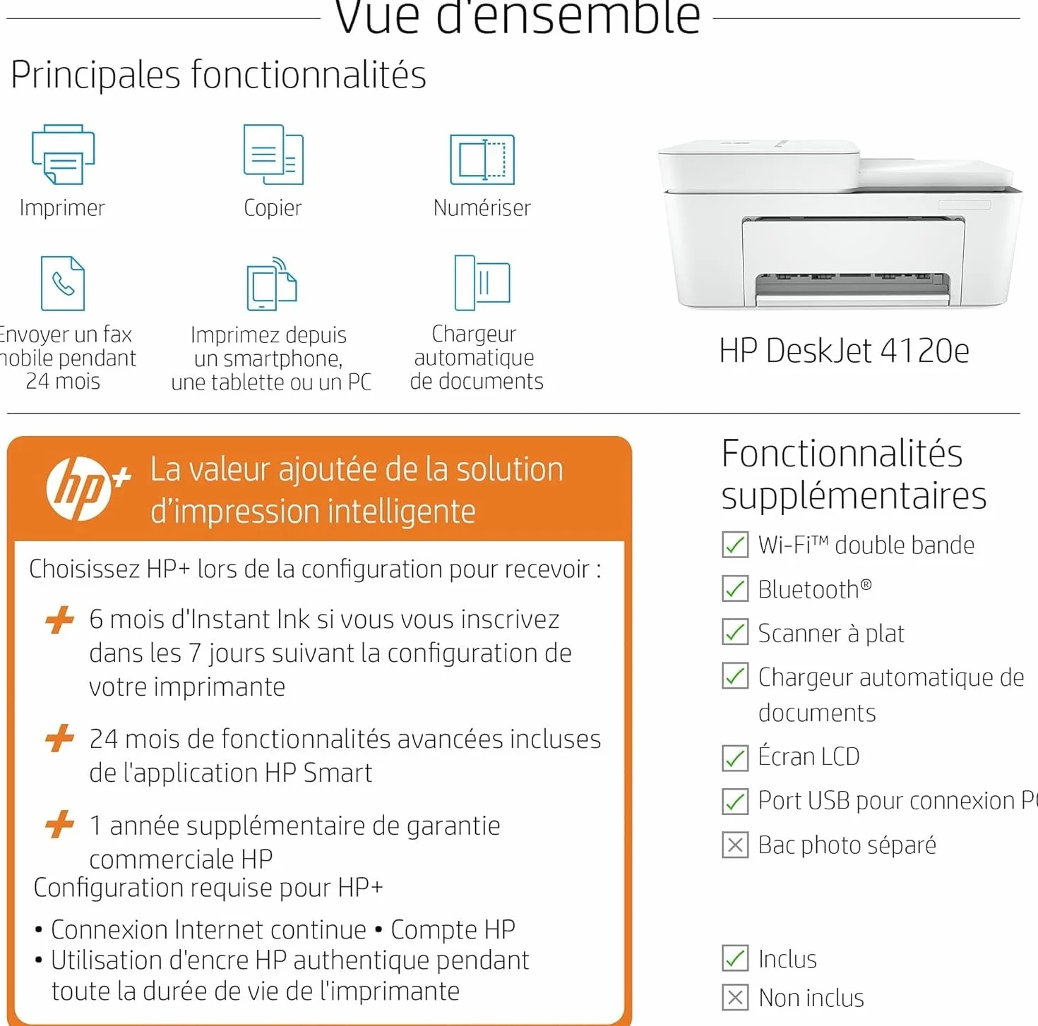 HP DeskJet 4120e Imprimante tout en un Jet d'encre couleur avec Scan, Impression, Wifi, Chargeur automatique de documents