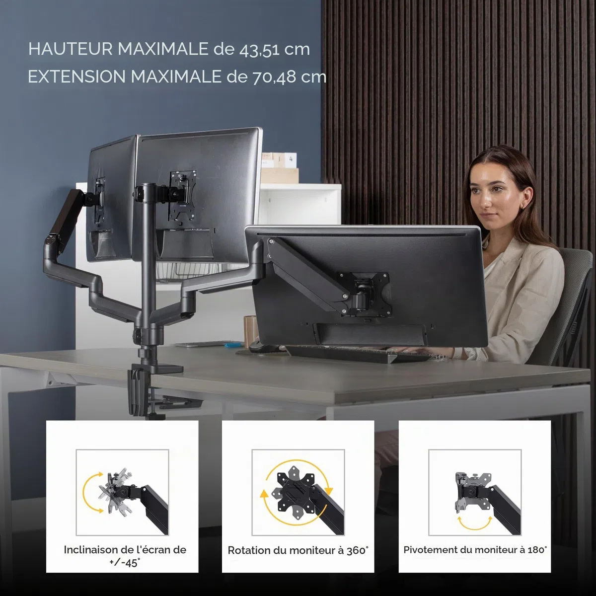 Fellowes Bras Porte Écrans Platinum Triple pour 3 Moniteurs Jusqu'à 27", Portrait Ou Paysage, Norme VESA, 2 Ports USB