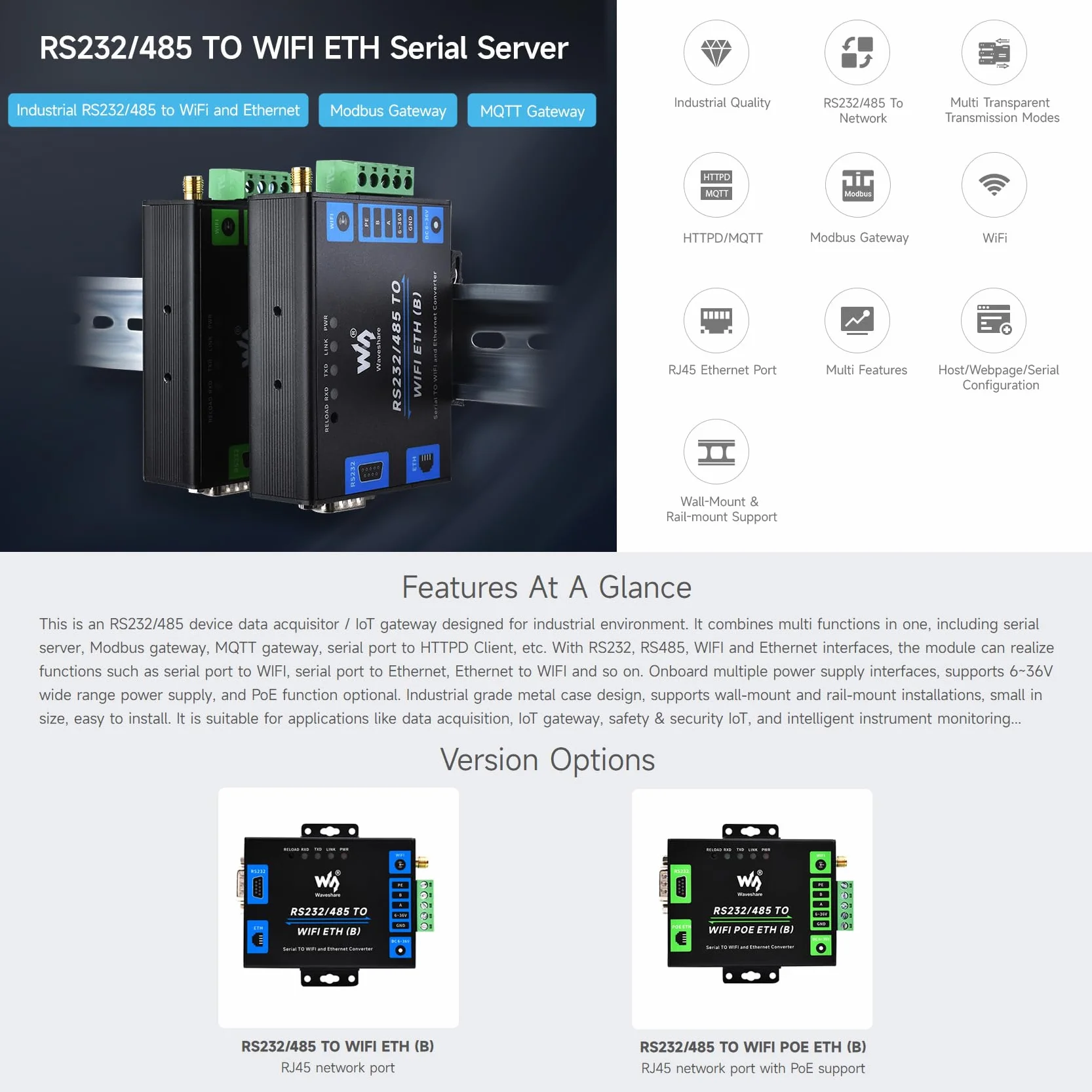 Waveshare Industrial Serial Server RS232/485 to WiFi Ethernet Modbus MQTT Gateway Metal Case PoE