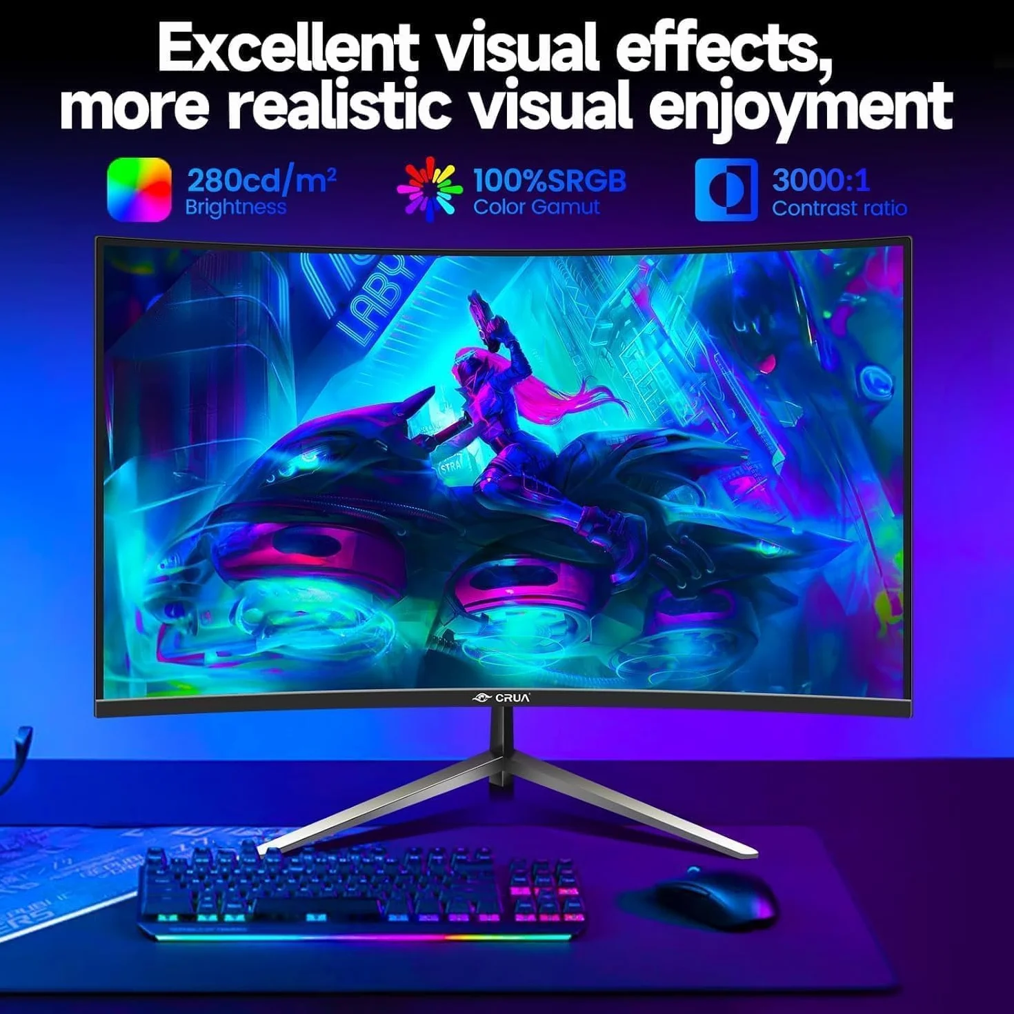 CRUA Gaming incurvé Écran 27 Pouces 200 Hz, FHD 1080P 1800R Moniteur PC, 1 ms GTG avec FreeSync, Faible Flou de Mouvement, Protection des Yeux, VESA, DisplayPort, HDMI,