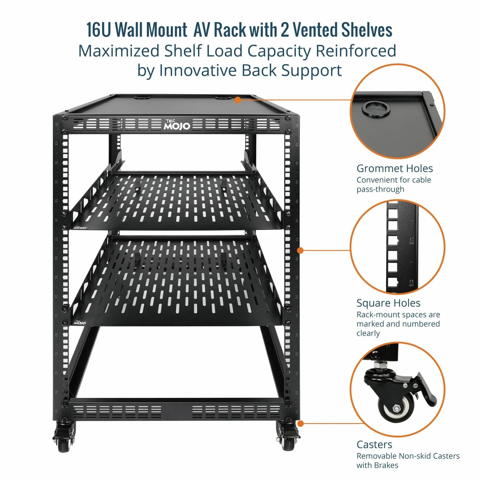 Tecmojo Rack Réseau 19 Pouces 16U à Structure Ouverte, Armoire 4 Montants avec Roulettes, Noir