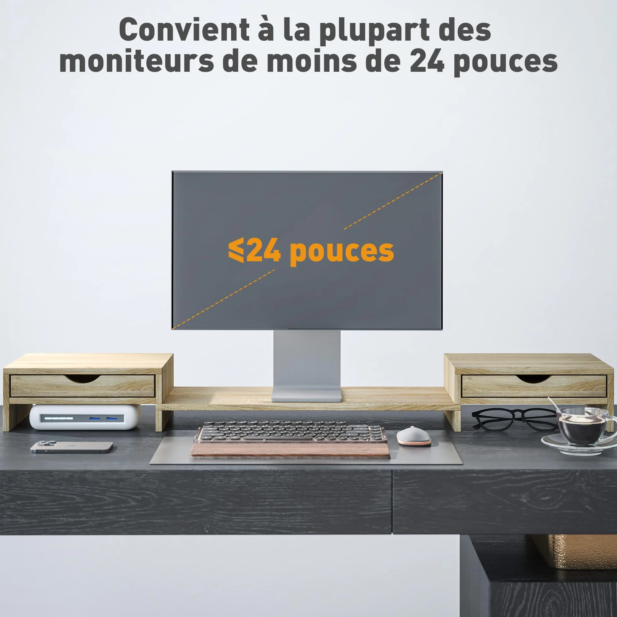 HOMCOM Rehausseur écran PC bureau support moniteur 60-116 cm 2 tiroirs réglable chêne