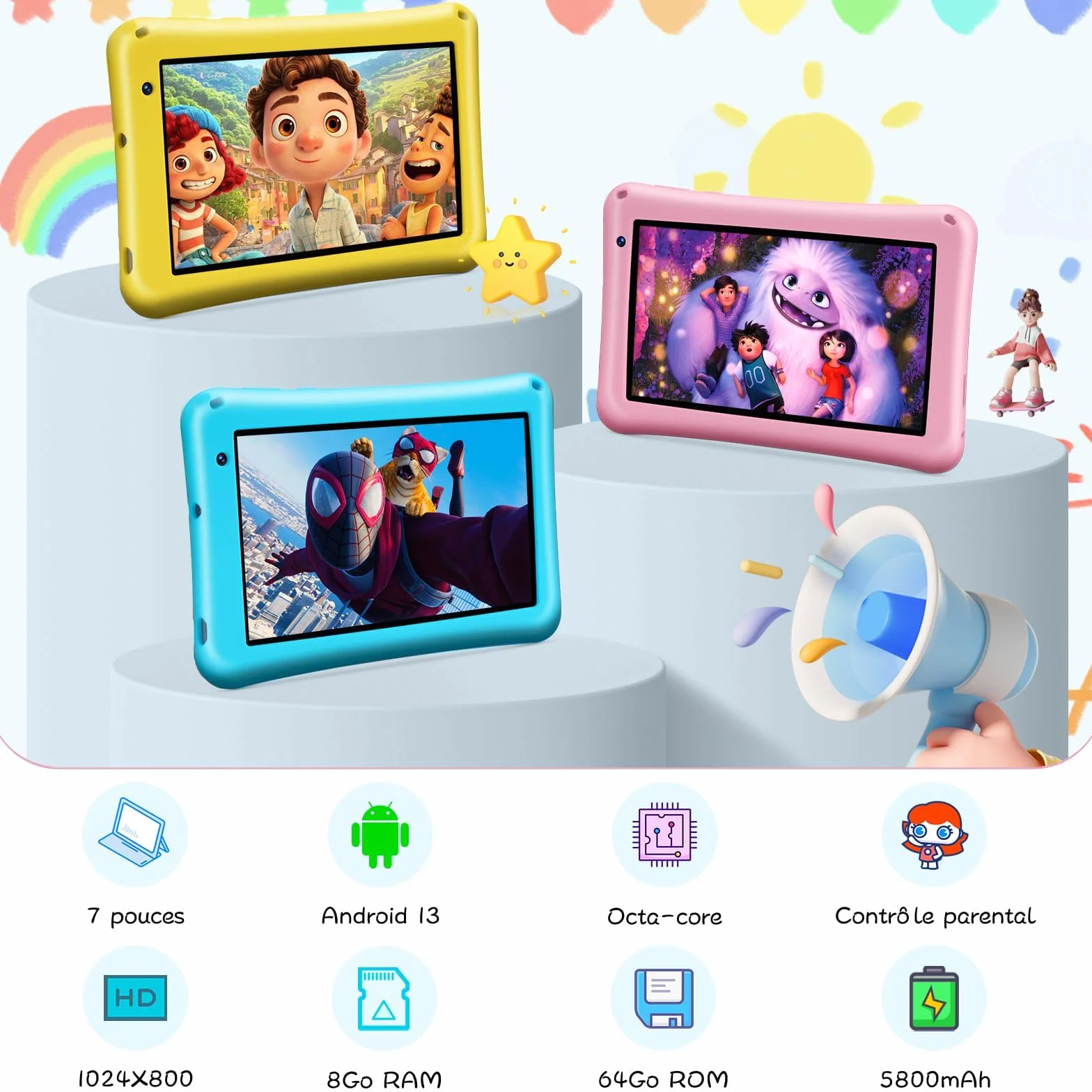 Tablette Enfants 7 Pouces Android 13 8Go RAM 64Go ROM Octa-Core Caméra HD Contrôle Parental Housse Silicone Bleu