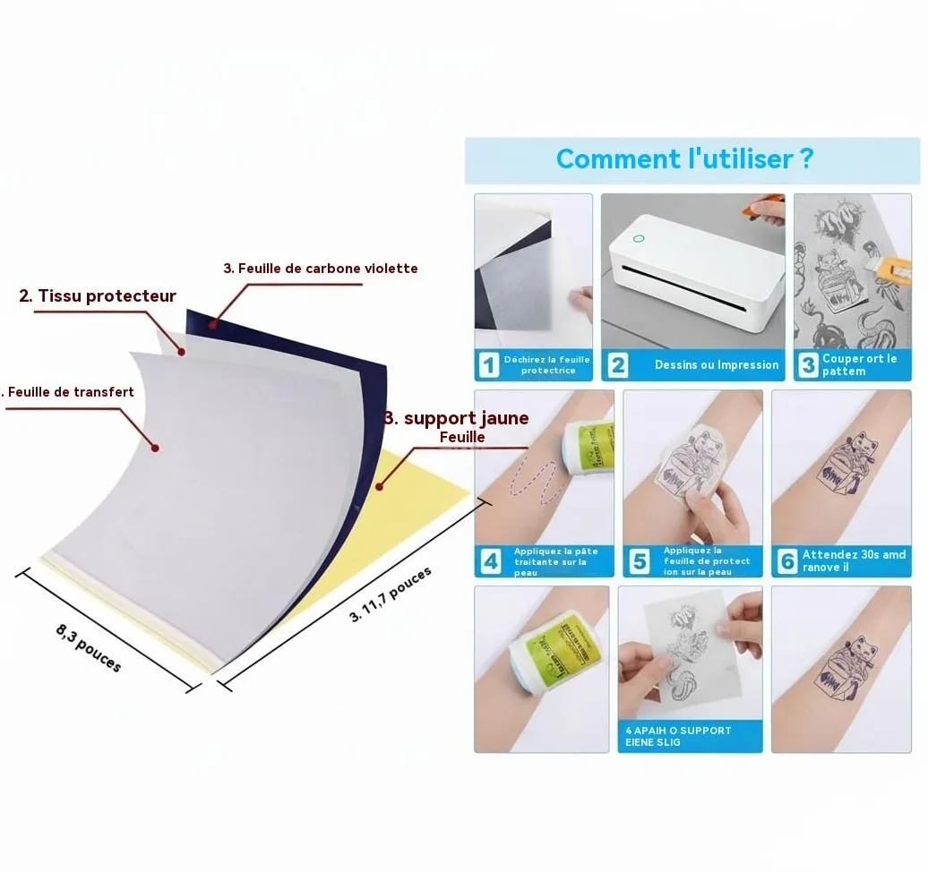Imprimante de Transfert pour Tatouage A4, Machine Thermique avec 10 Feuilles et 1 Rouleau Papier Blanc