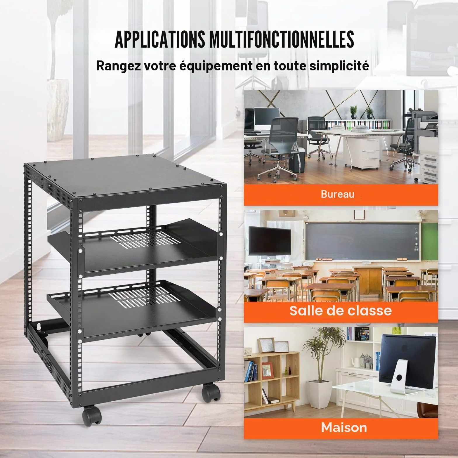 VEVOR Rack de Serveur à Cadre Ouvert 12U Support Mural Profondeur Réglable 58,5-101,6 cm 4 Montants Roulettes