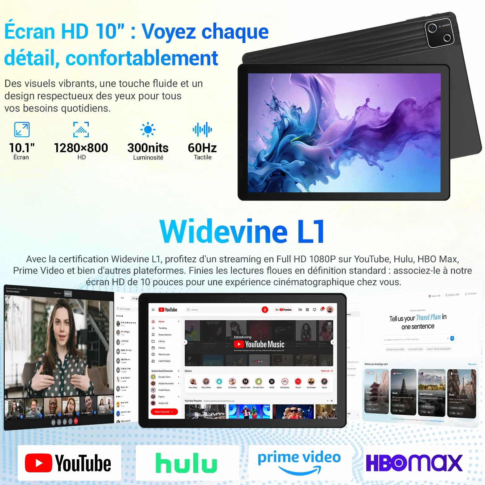 Tablette 10 Pouces Android 15 30Go RAM 128Go ROM Octa-Core 6200mAh WiFi 6 BT 5.3 Noir