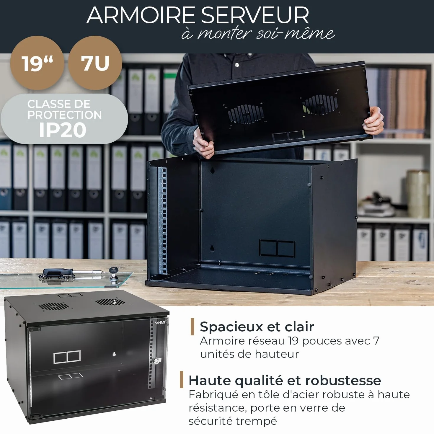HMF Baie de Brassage 19 Pouces 7U Armoire réseau Porte vitrée Profondeur 400 mm Coffret Mural Noir