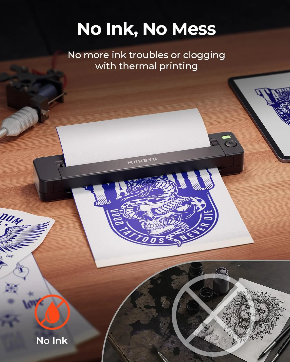 MUNBYN ITP06 300DPI Thermocopieur Tatouage Bluetooth Imprimante Transfert Stencil Noir