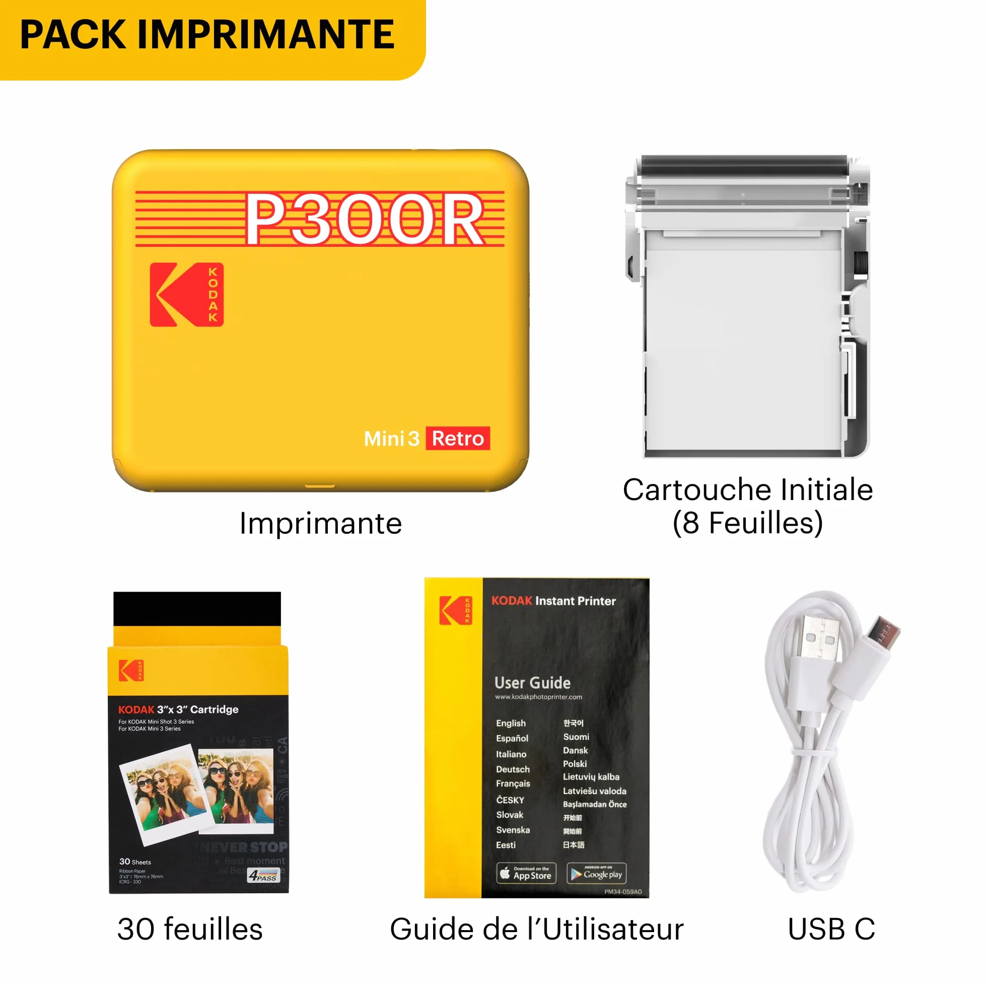 KODAK Mini 3 Retro 4PASS Imprimante Photo Portable 7,6x7,6cm Jaune