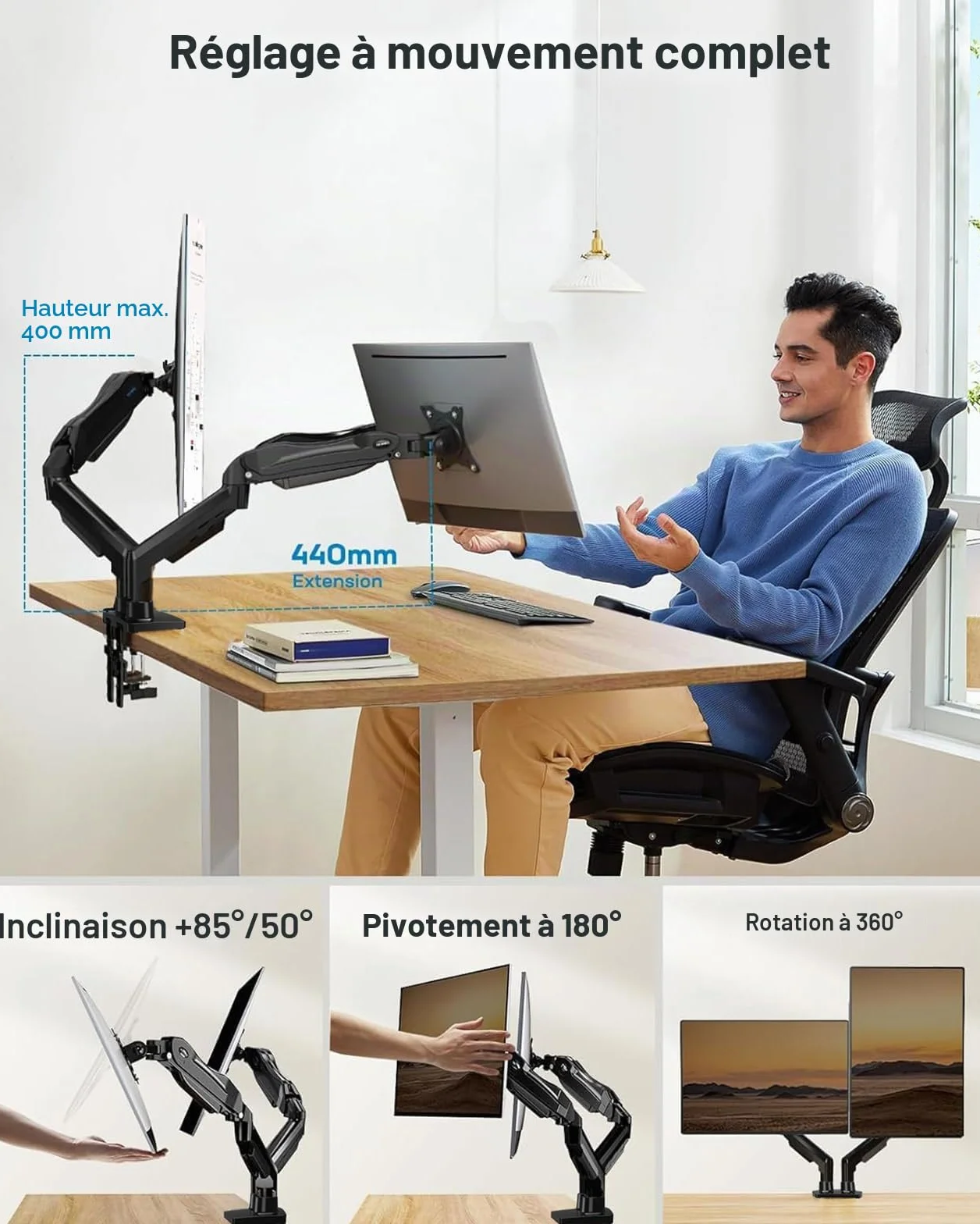 HUANUO Support Écran PC 2 Écrans 13-32 Pouces, Bras VESA 75x75/100x100mm Noir