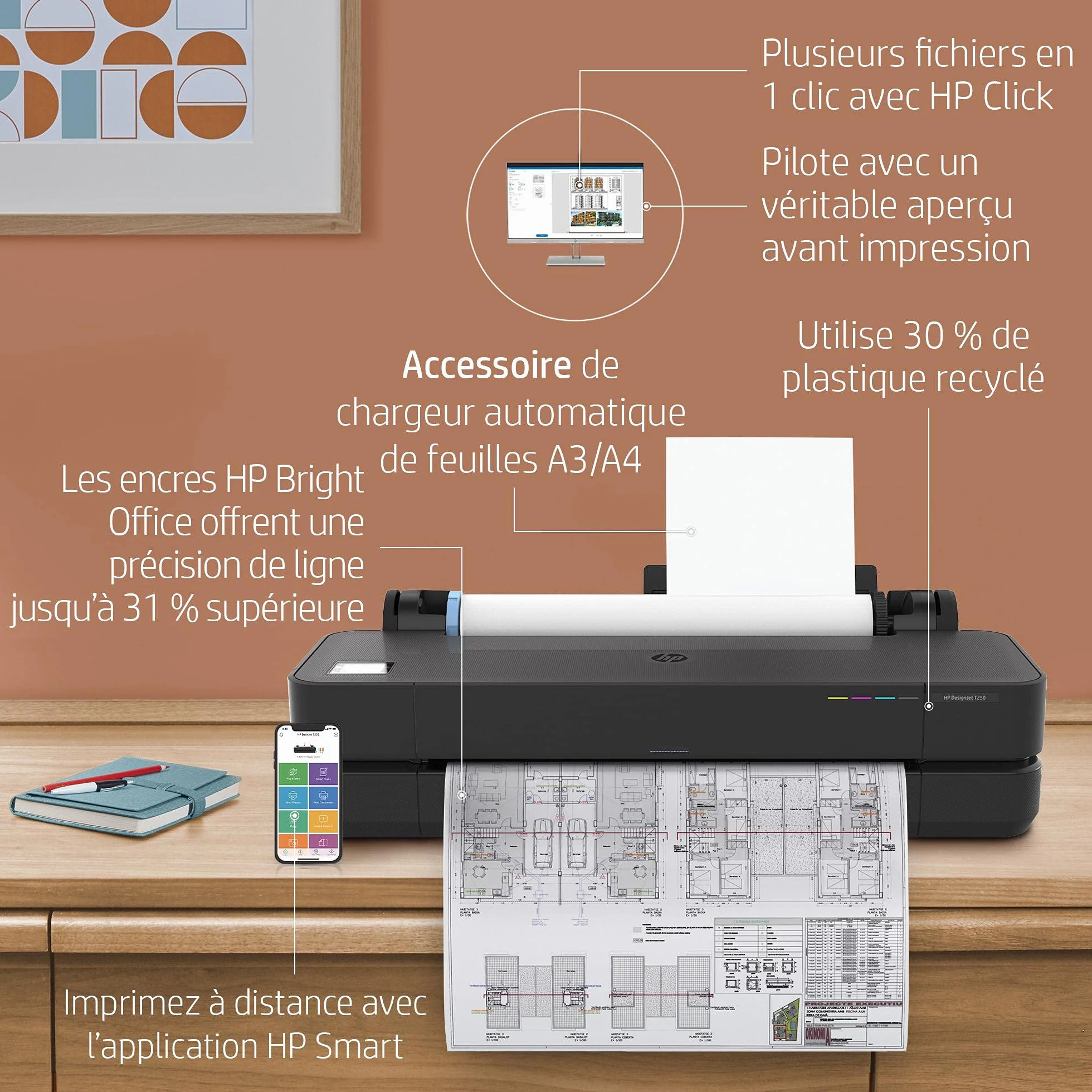 HP DesignJet T230 Imprimante Grand Format 24 Pouces A1, Wi-Fi, Gigabit Ethernet, USB 2.0, Noir