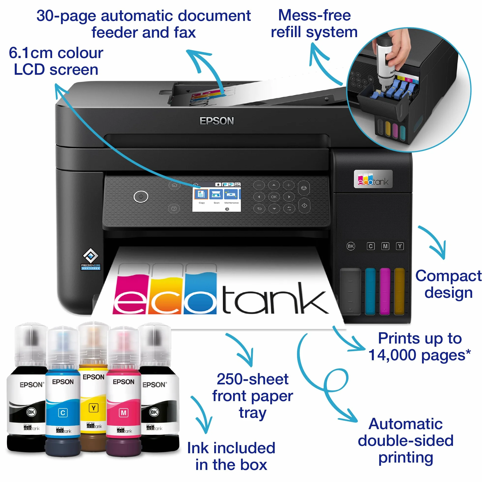 Epson EcoTank ET-3850 Imprimante Multifonction A4 Wi-Fi avec réservoir d'encre
