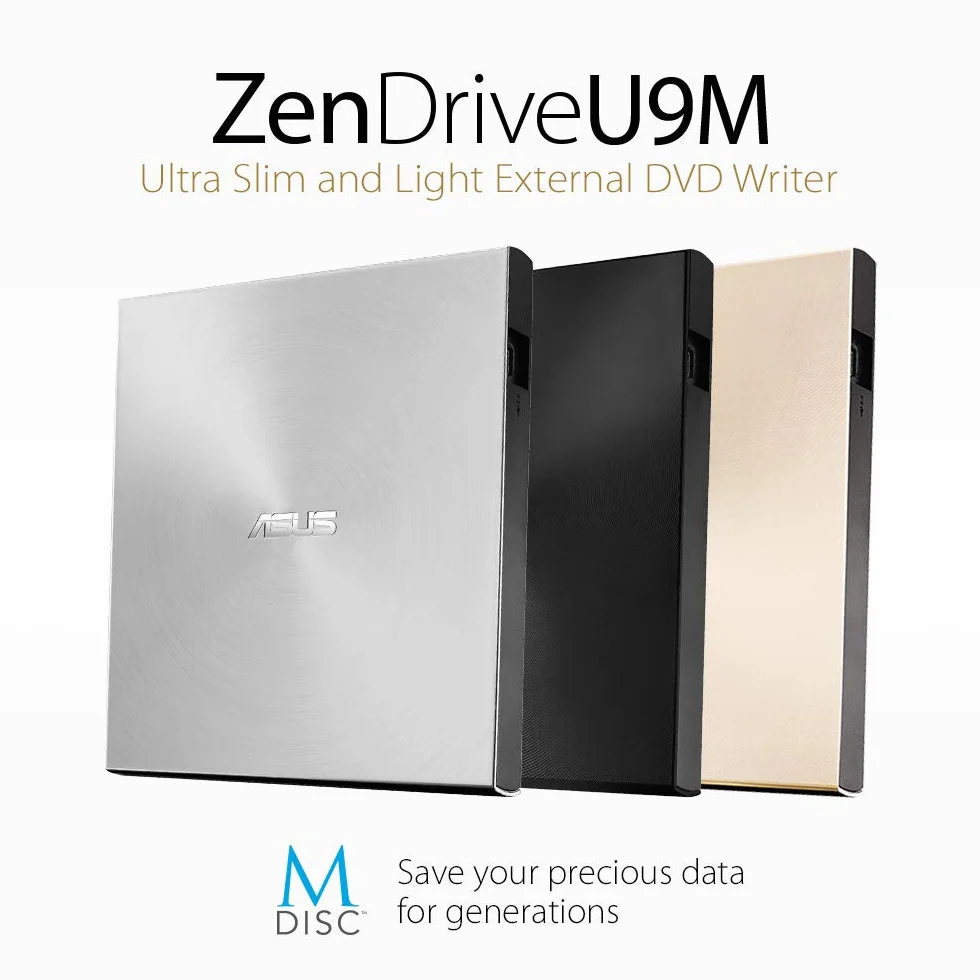 ASUS ZenDrive U9M Argent Graveur DVD x8 ultra-compact M-Disc supporté USB 3.0 Type-C Type-A Windows Mac OS